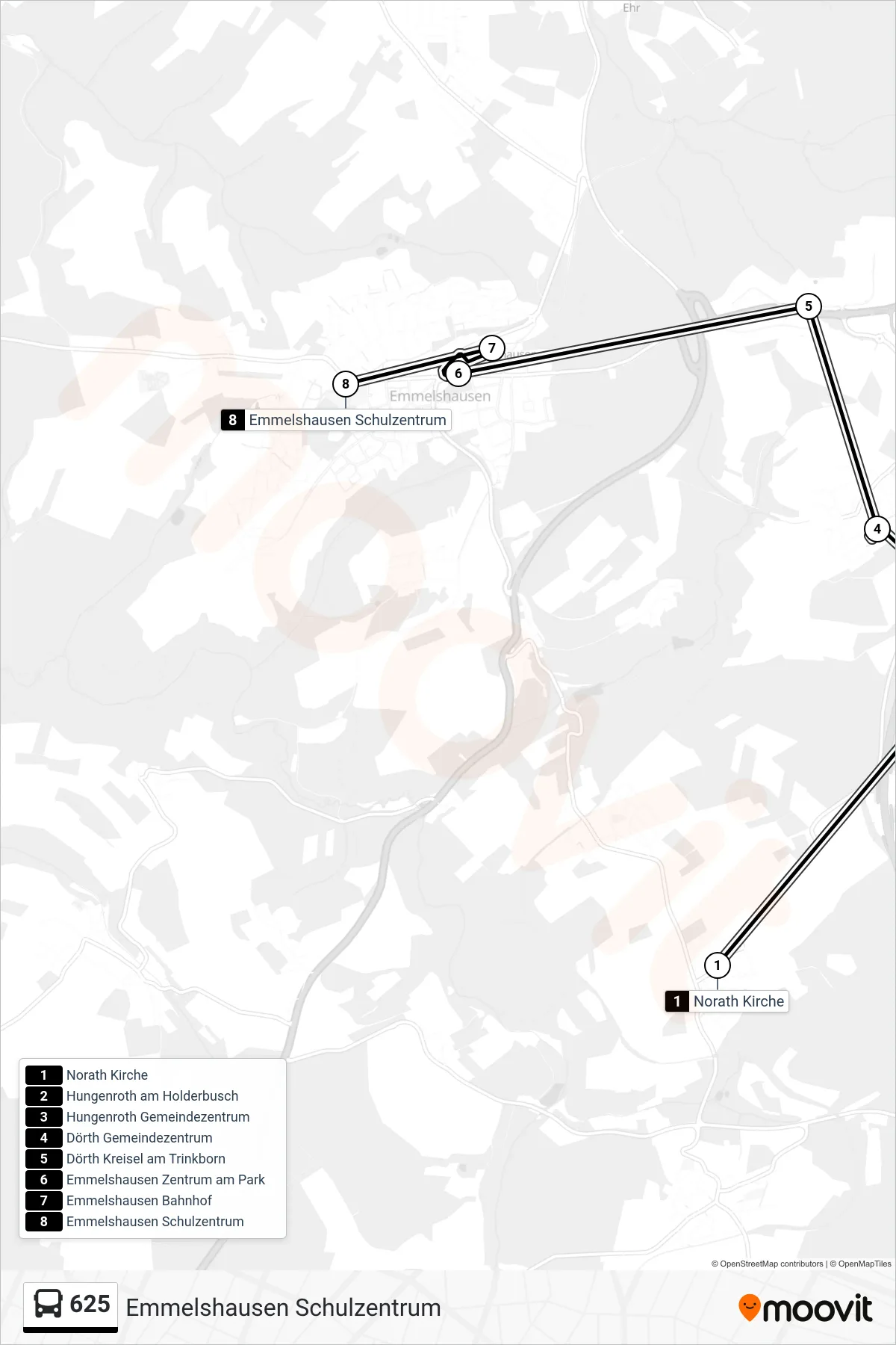 625 bus Line (Emmelshausen Schulzentrum) route and stops on a map