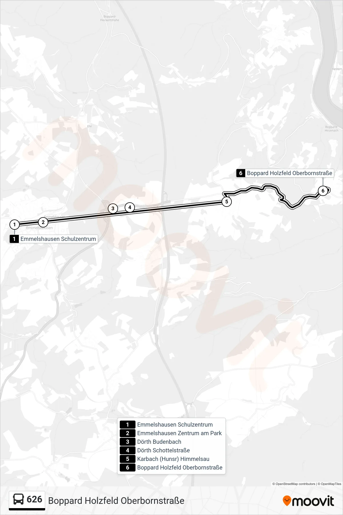 626 bus Line (Boppard Holzfeld Oberbornstraße) route and stops on a map