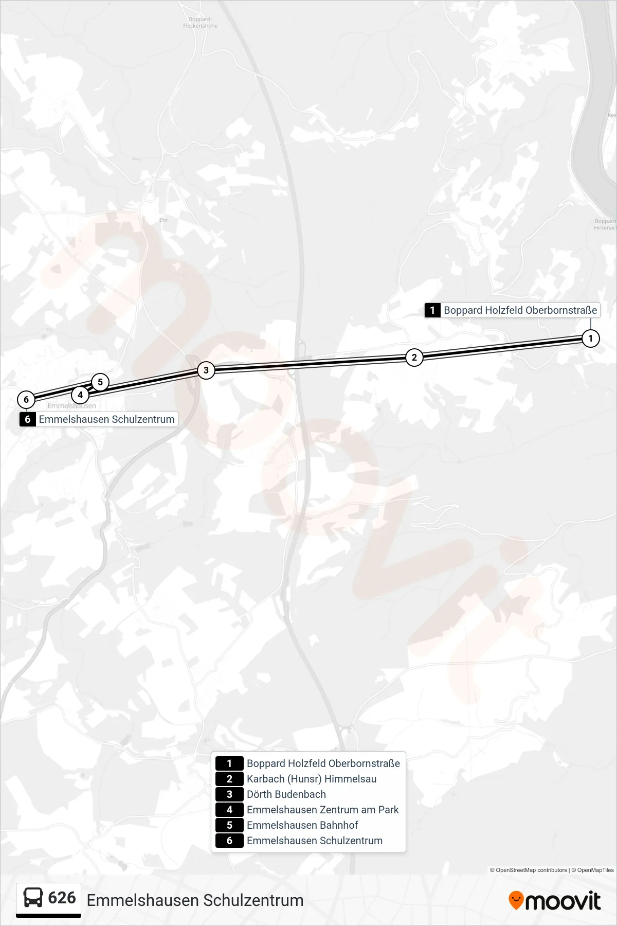 Linie 626 (Bus) Richtung Emmelshausen Schulzentrum: Route und Haltestellen auf der Karte