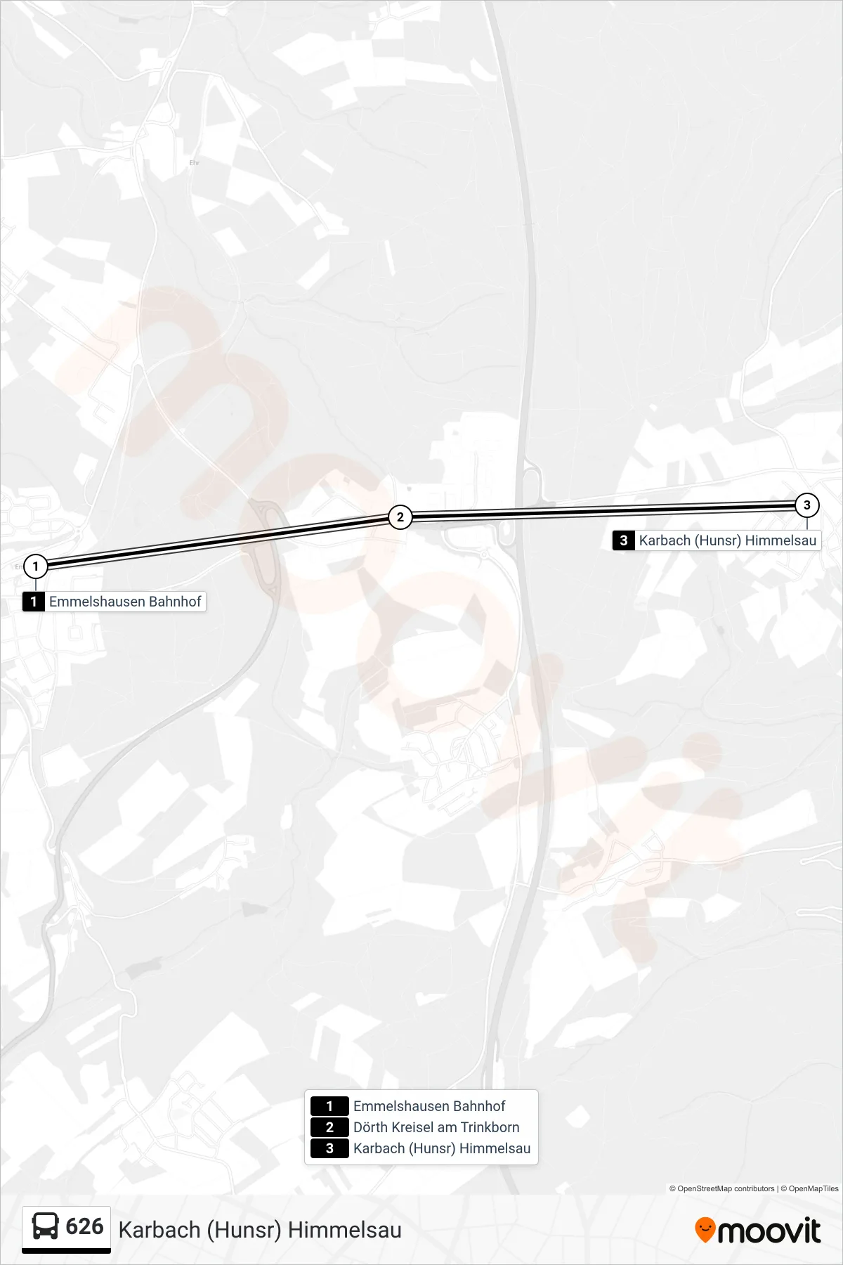 626 bus Line (Karbach (Hunsr) Himmelsau) route and stops on a map