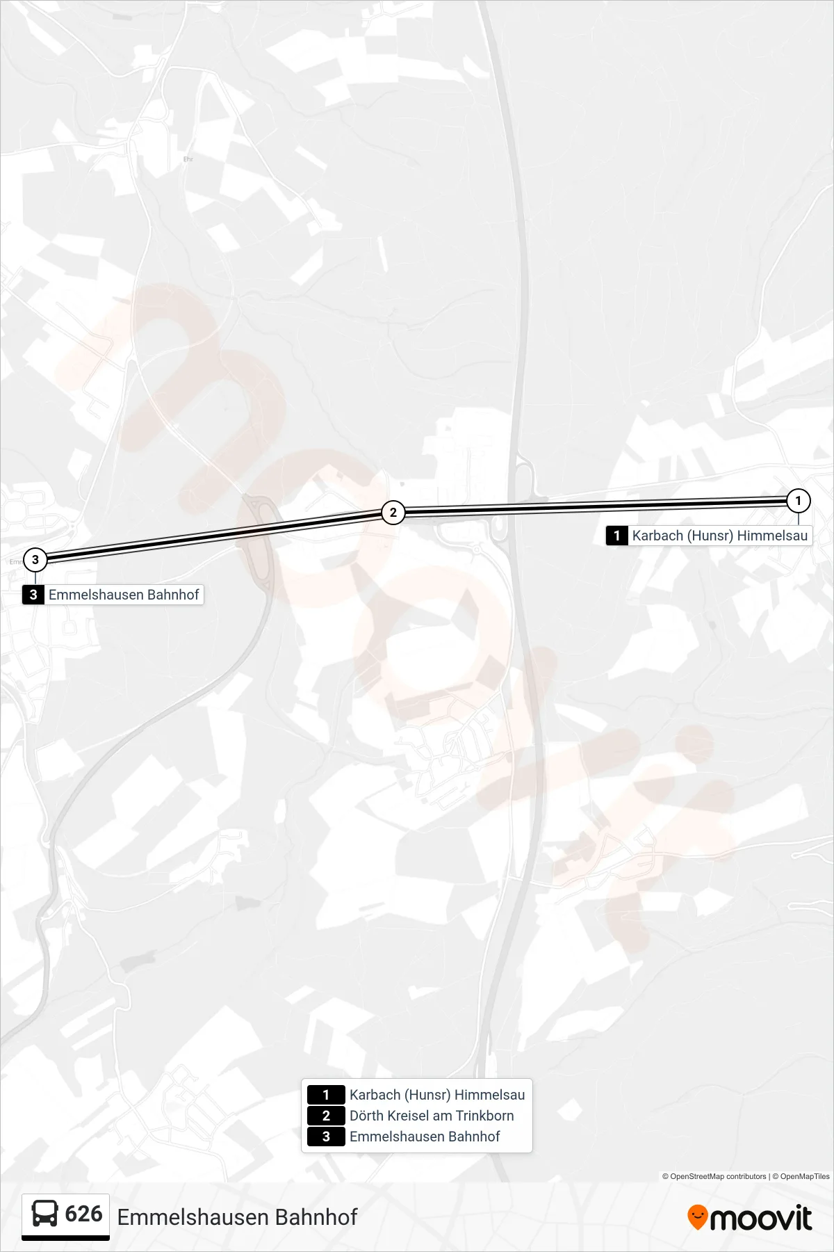 626 bus Line (Emmelshausen Bahnhof) route and stops on a map