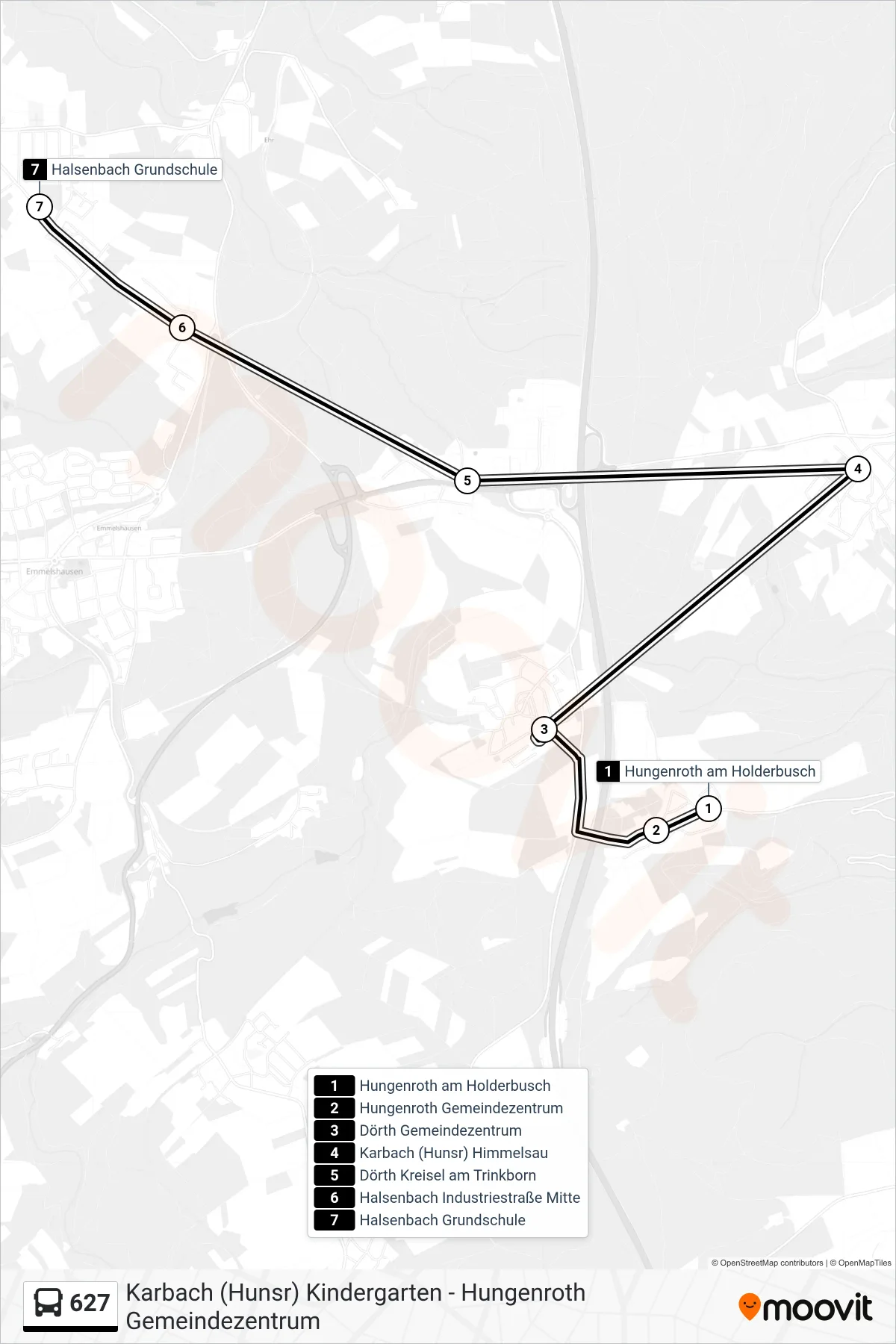 627 bus Line (Halsenbach Grundschule) route and stops on a map