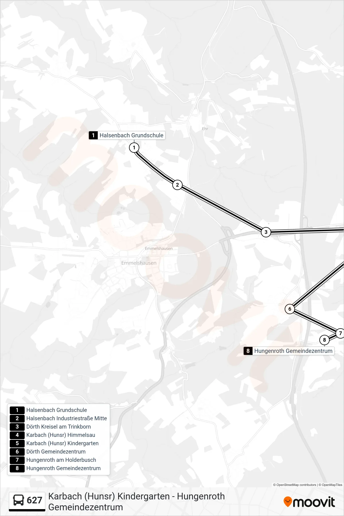 627 bus Line (Hungenroth Gemeindezentrum) route and stops on a map