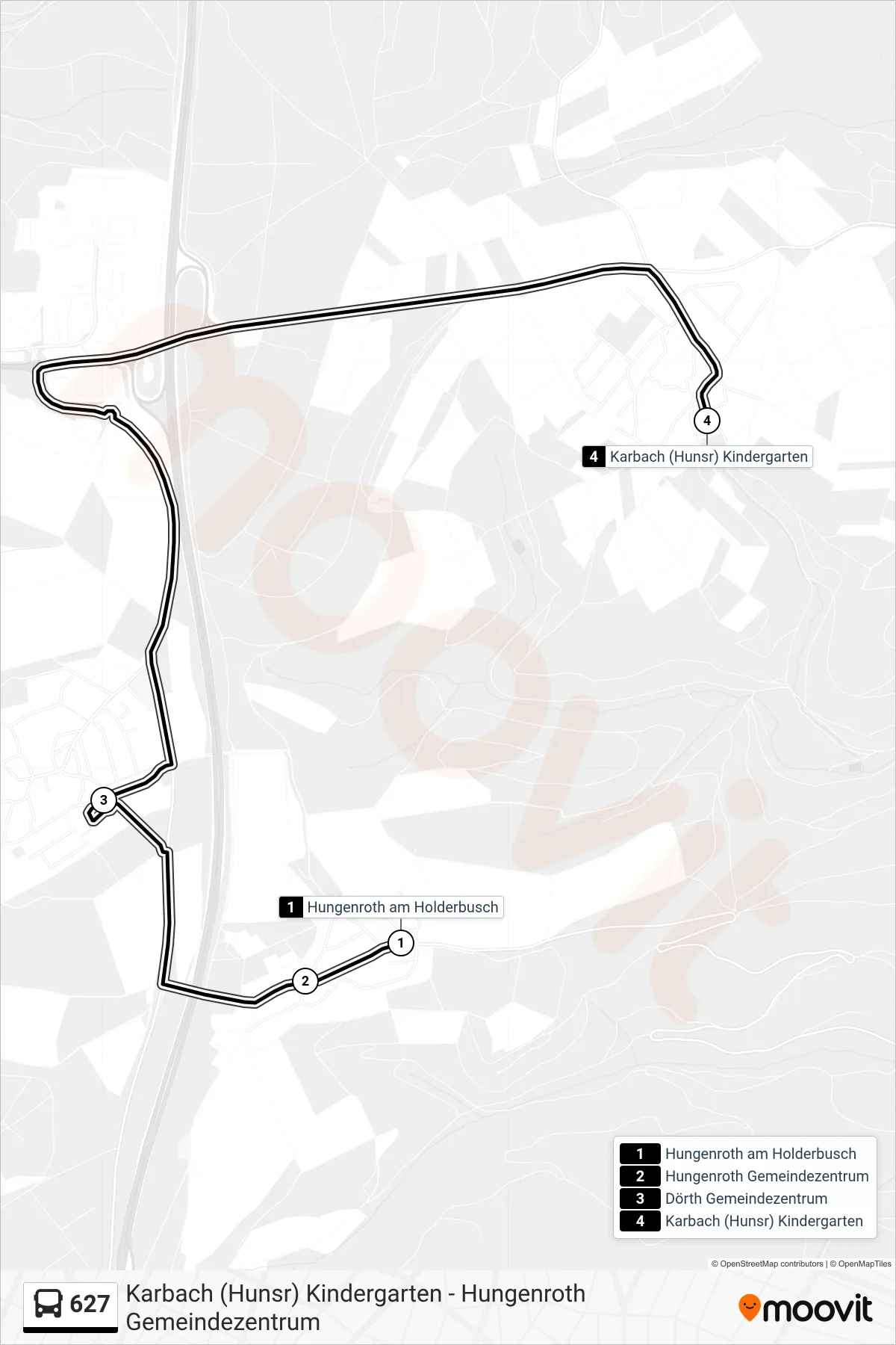 Linie 627 (Bus) Richtung Karbach (Hunsr) Kindergarten: Route und Haltestellen auf der Karte