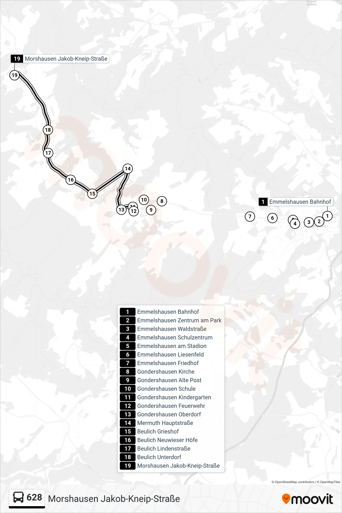 628 bus Line (Morshausen Jakob-Kneip-Straße) route and stops on a map