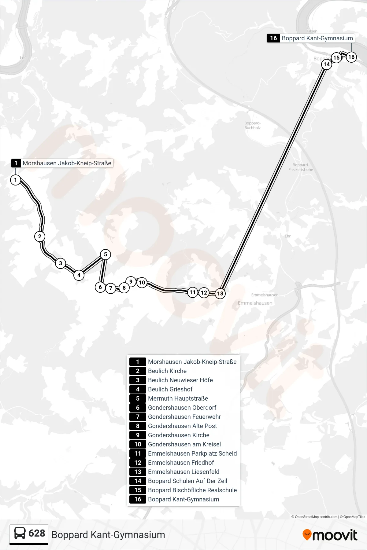 628 bus Line (Boppard Kant-Gymnasium) route and stops on a map