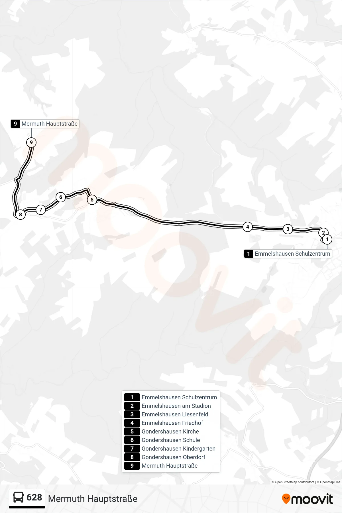 628 bus Line (Mermuth Hauptstraße) route and stops on a map
