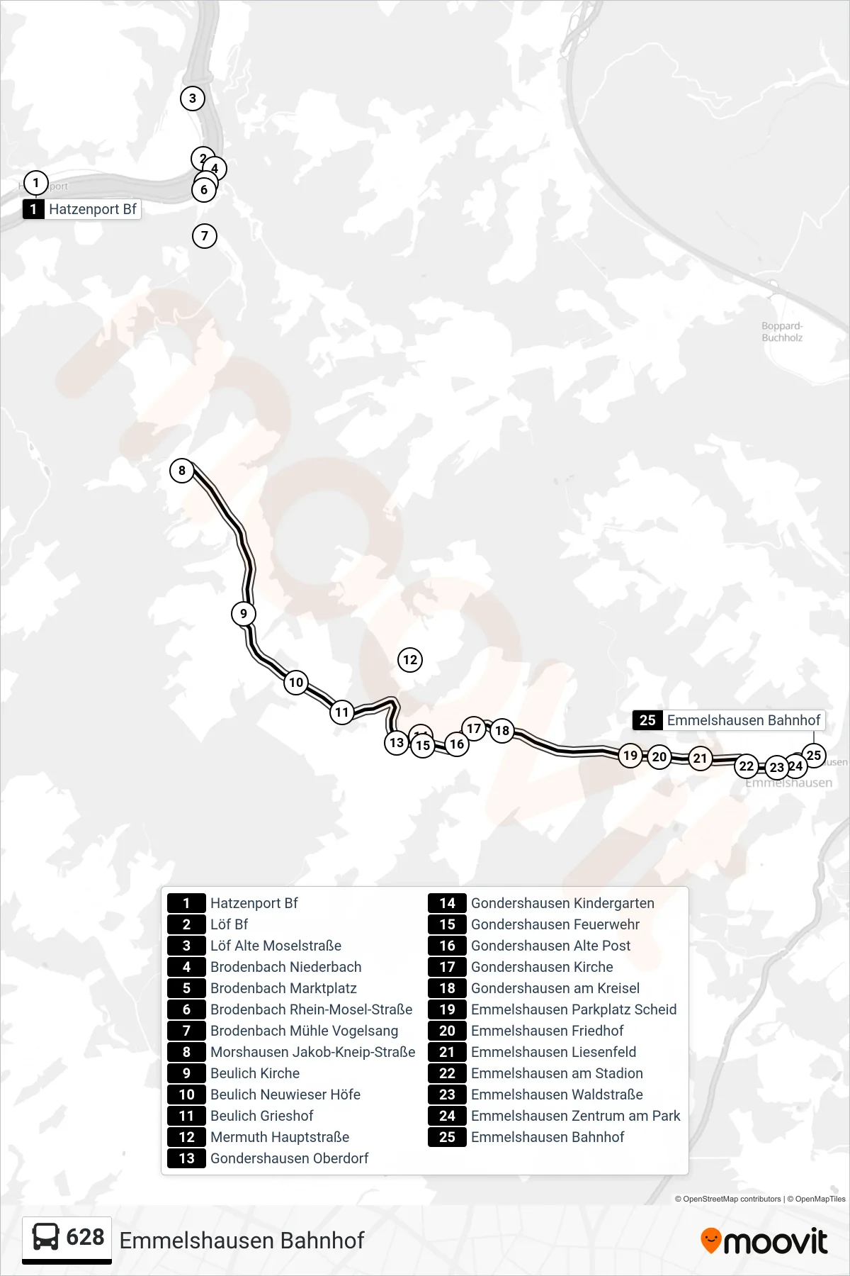 628 bus Line (Emmelshausen Bahnhof) route and stops on a map