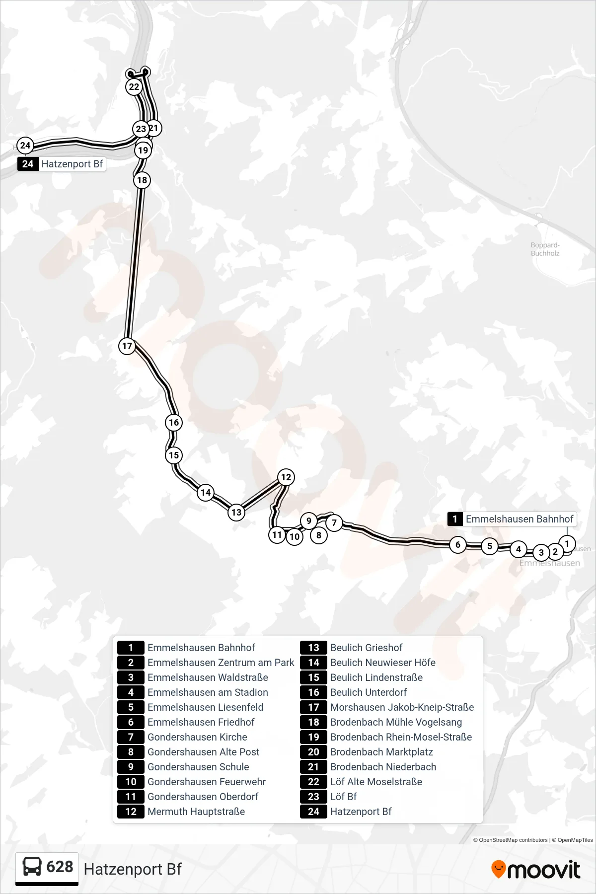 628 bus Line (Hatzenport Bf) route and stops on a map