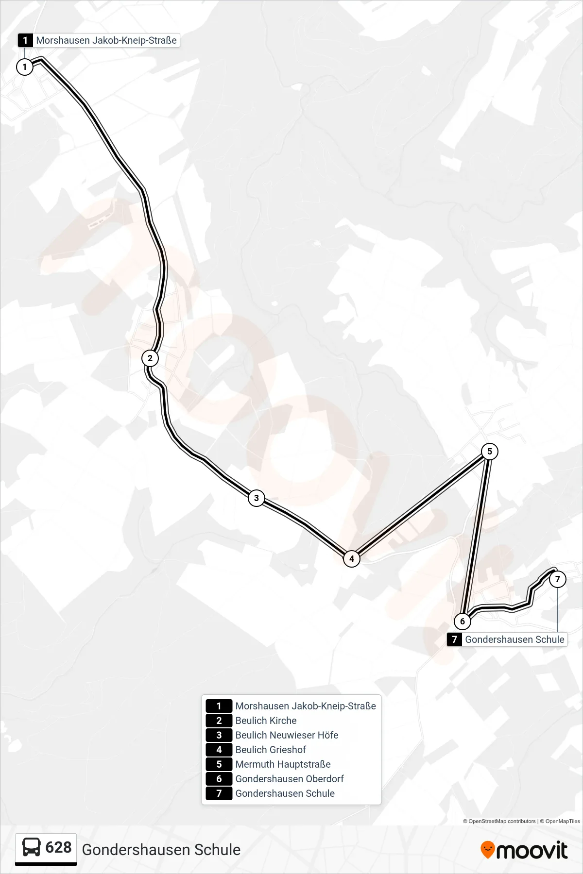 628 bus Line (Gondershausen Schule) route and stops on a map