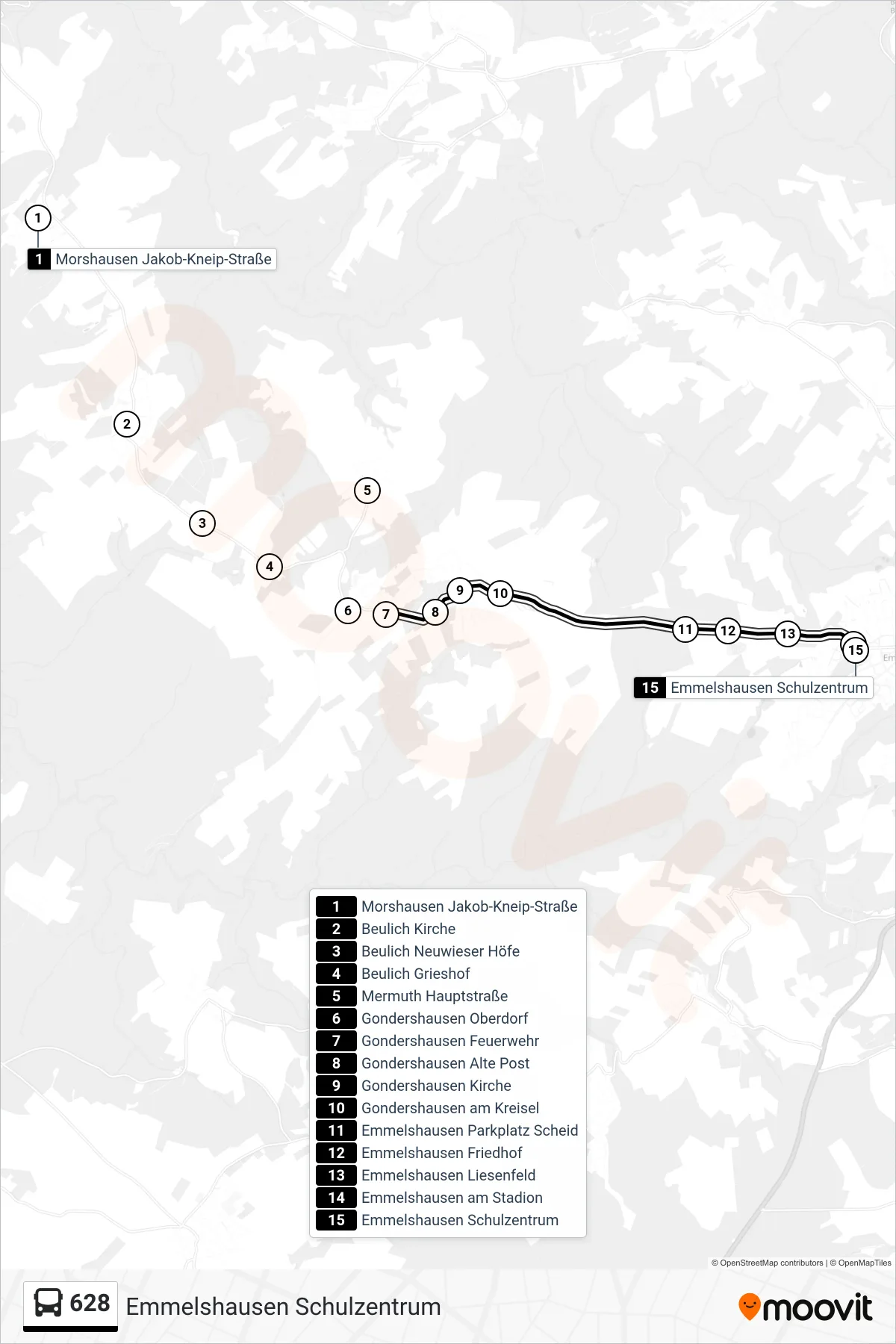Linie 628 (Bus) Richtung Emmelshausen Schulzentrum: Route und Haltestellen auf der Karte