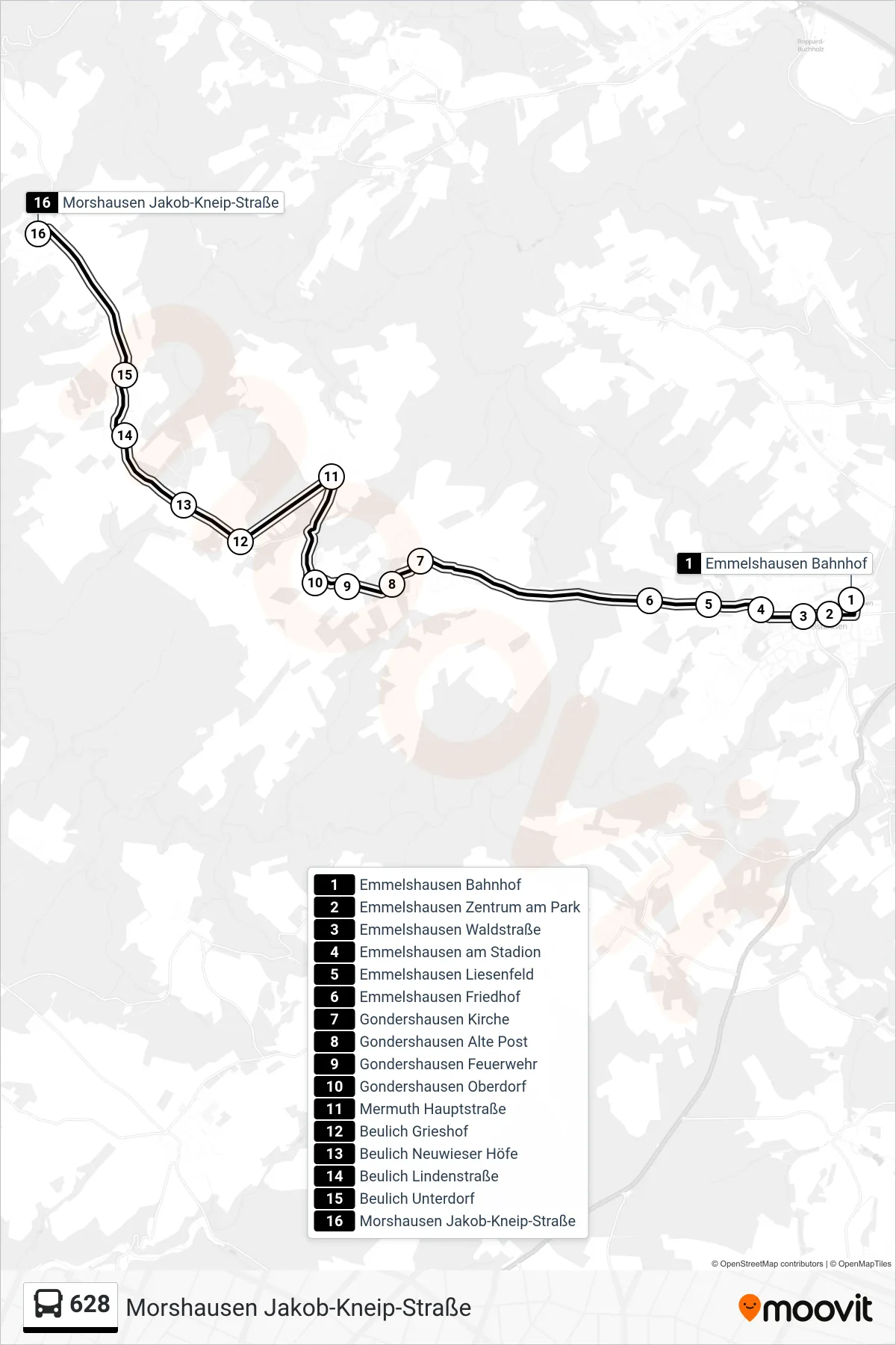 628 bus Line (Morshausen Jakob-Kneip-Straße) route and stops on a map