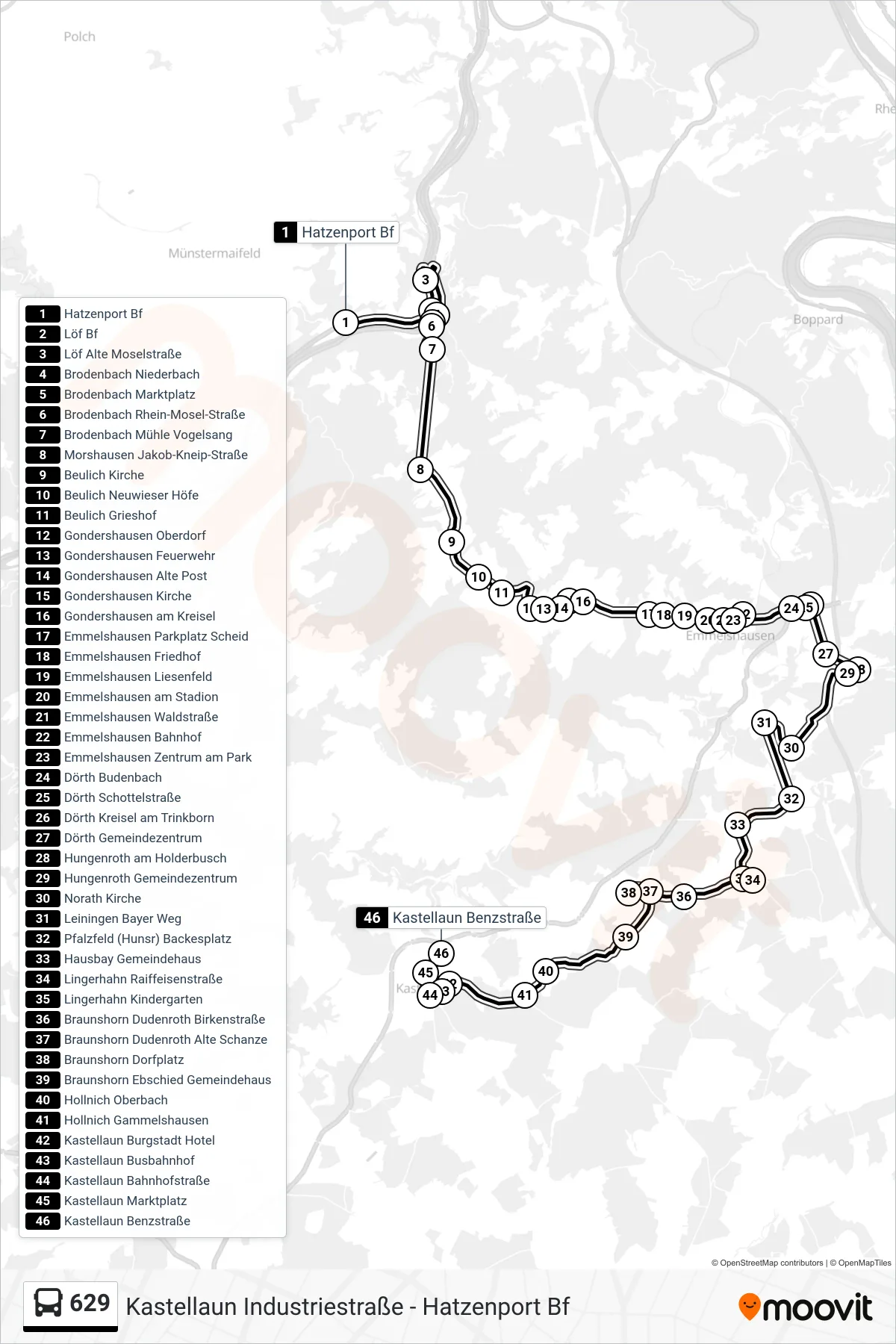 629 bus Line (Kastellaun Benzstraße) route and stops on a map