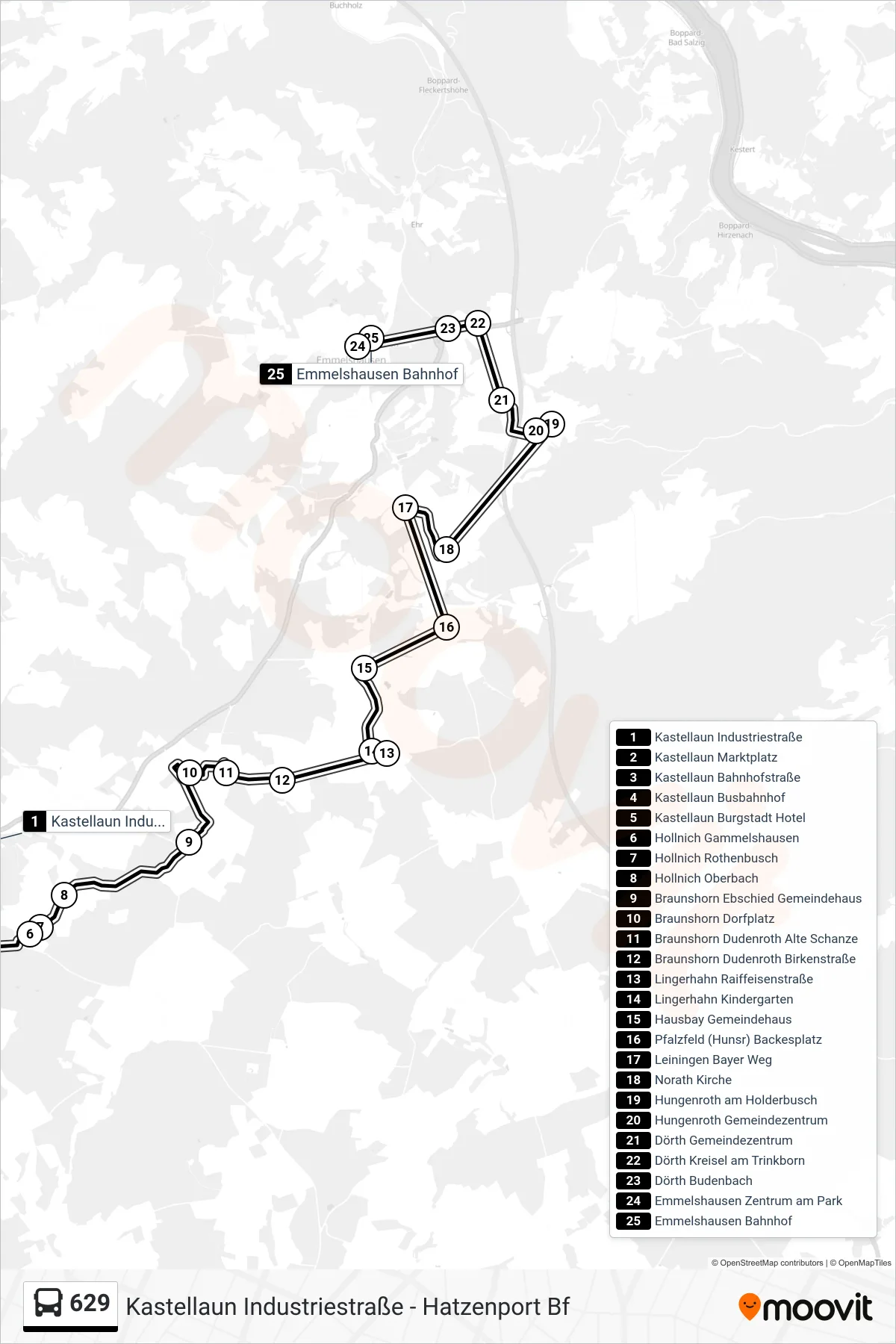 629 bus Line (Emmelshausen Bahnhof) route and stops on a map