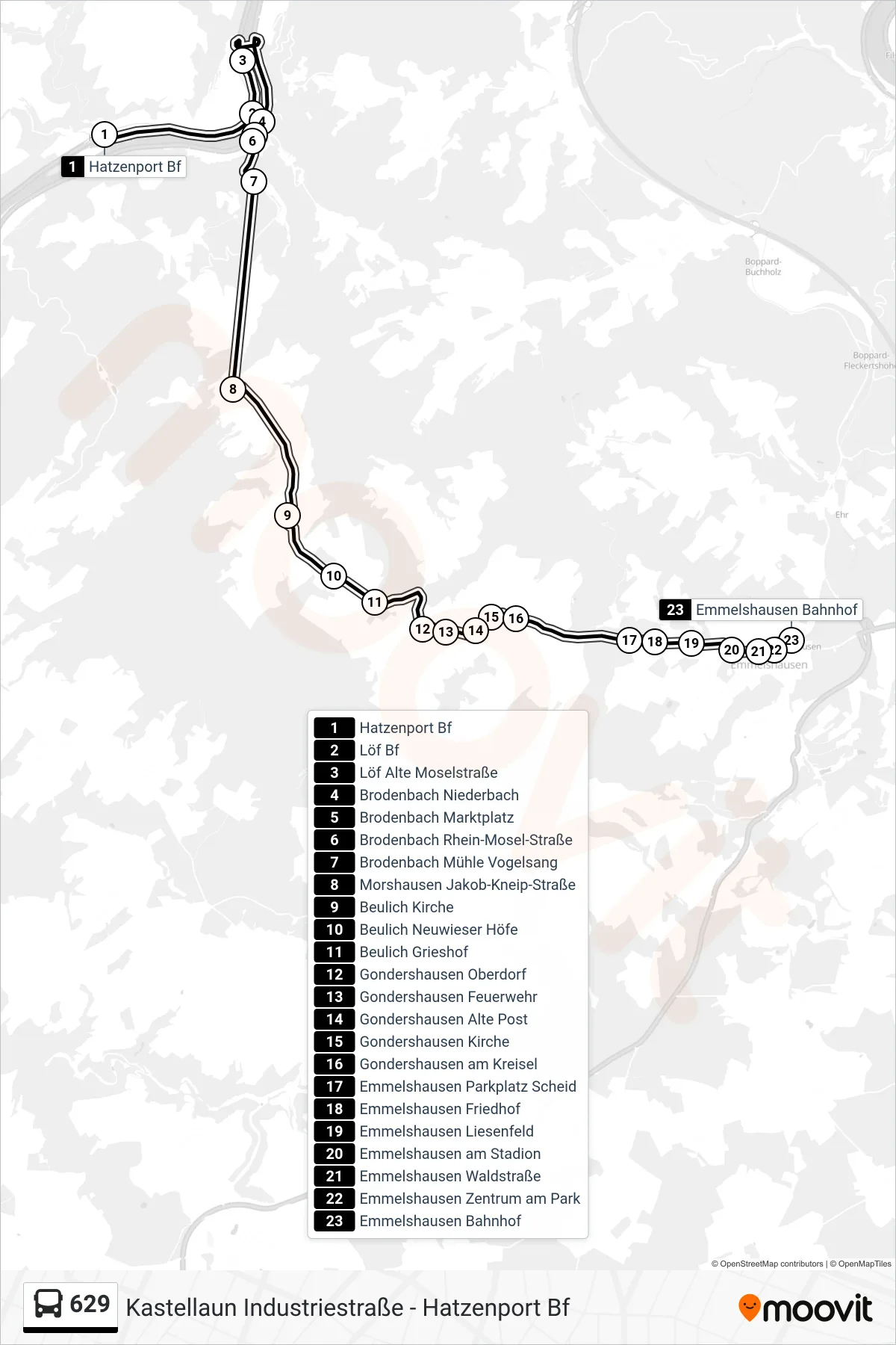 629 bus Line (Emmelshausen Bahnhof) route and stops on a map