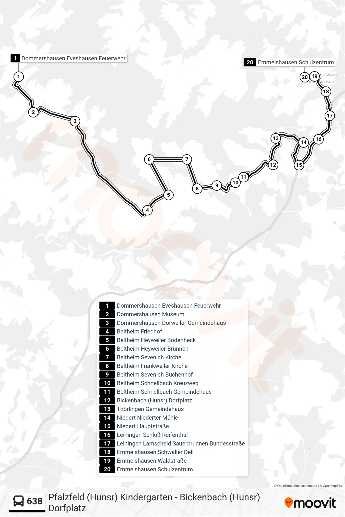 638 bus Line (Emmelshausen Schulzentrum) route and stops on a map