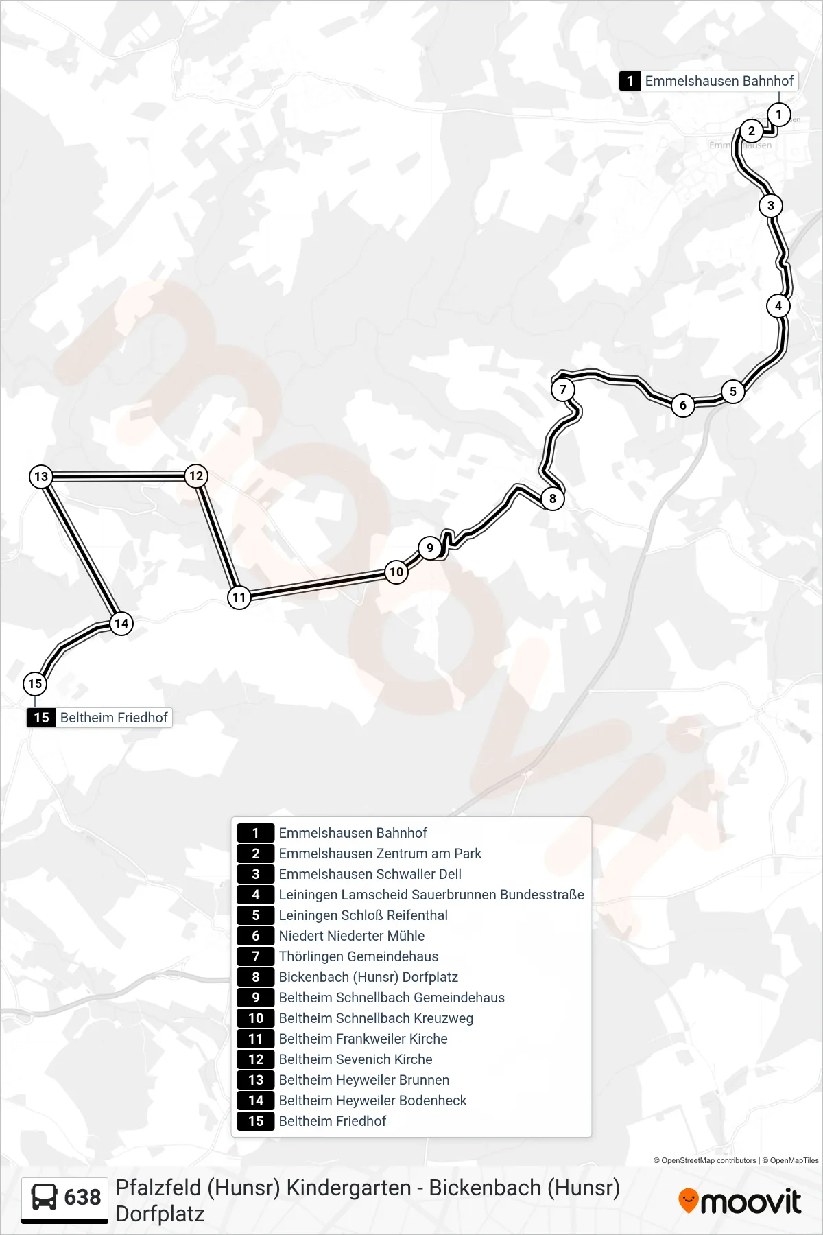 638 bus Line (Beltheim Friedhof) route and stops on a map