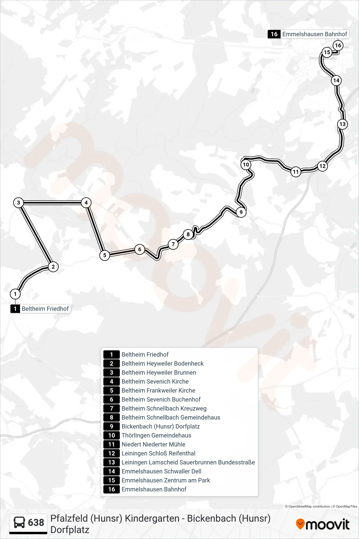 638 bus Line (Emmelshausen Bahnhof) route and stops on a map