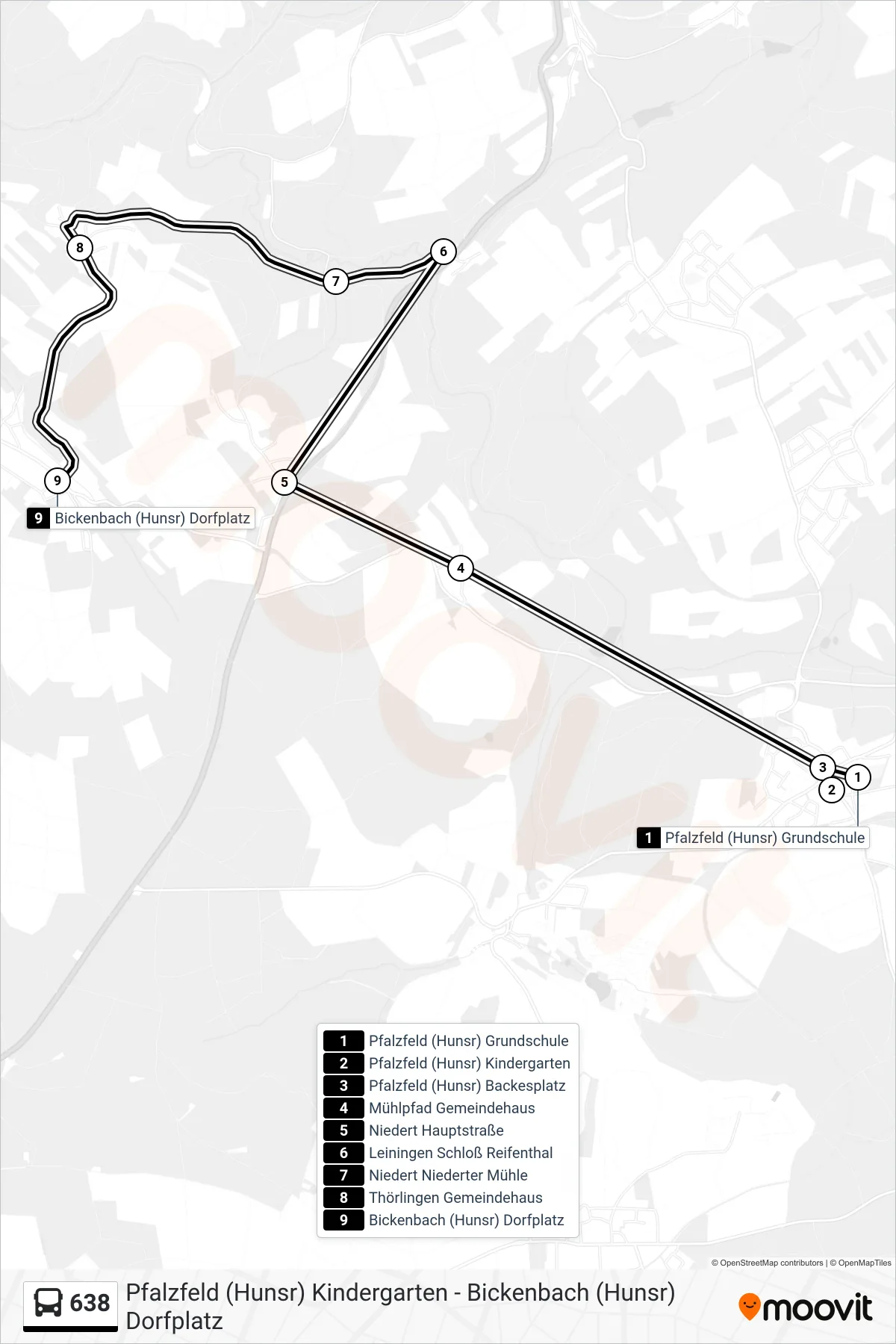 638 bus Line (Bickenbach (Hunsr) Dorfplatz) route and stops on a map