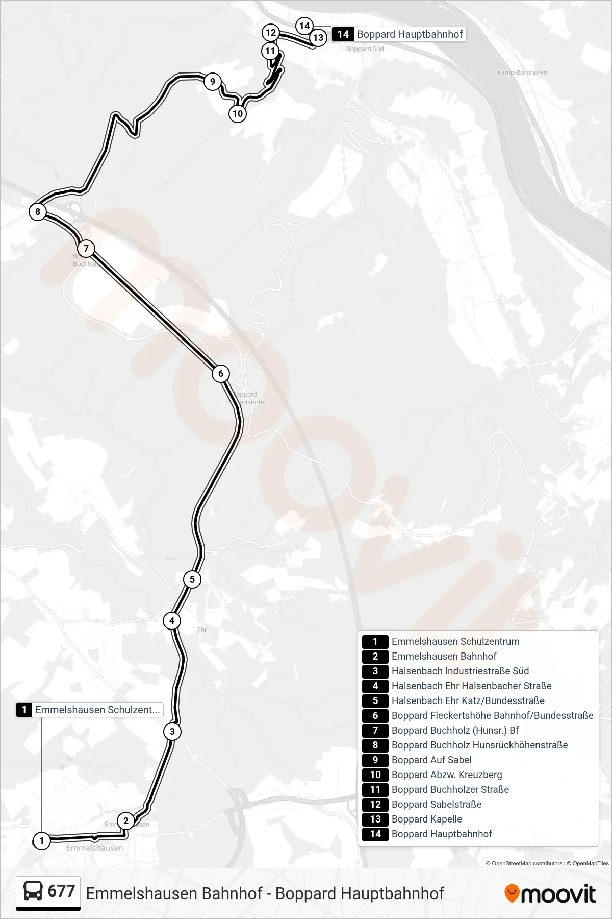 Linie 677 (Bus) Richtung Boppard Hauptbahnhof: Route und Haltestellen auf der Karte