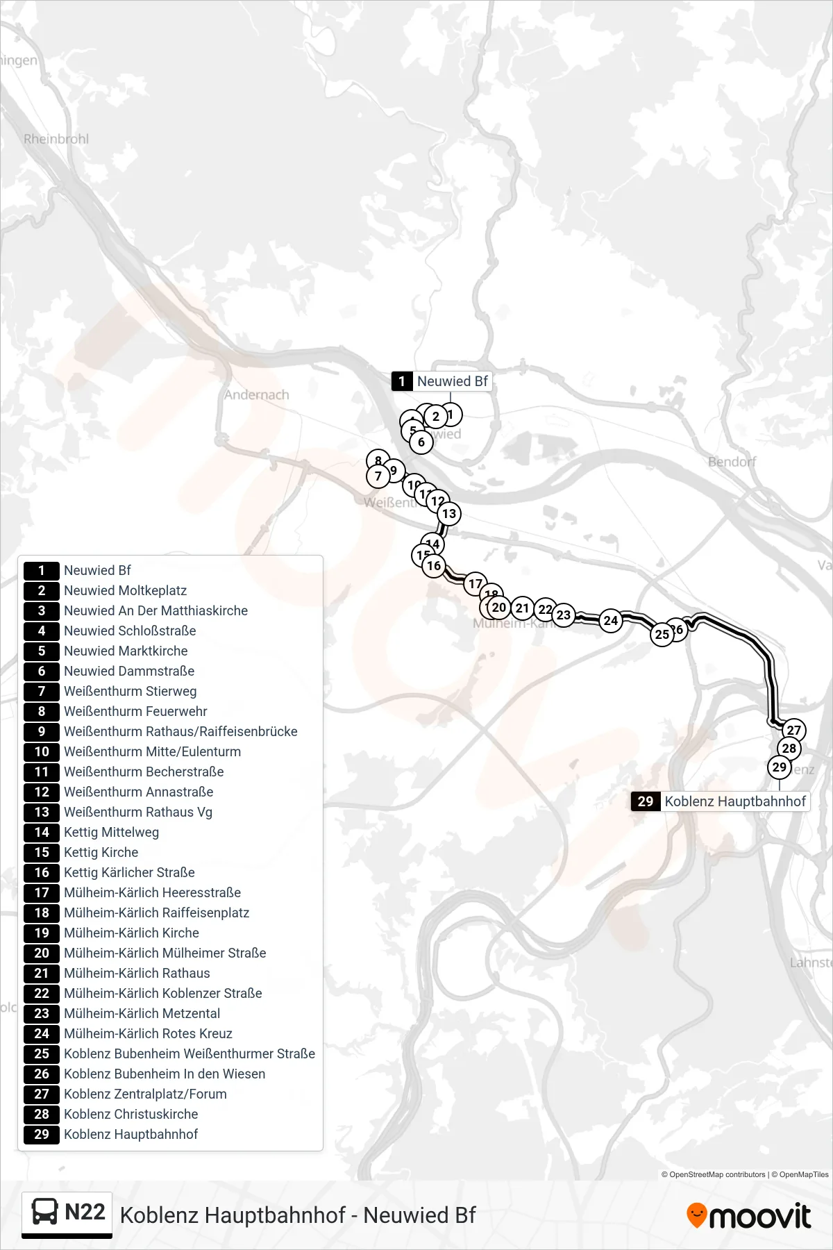 N22 bus Line (Koblenz Hauptbahnhof) route and stops on a map