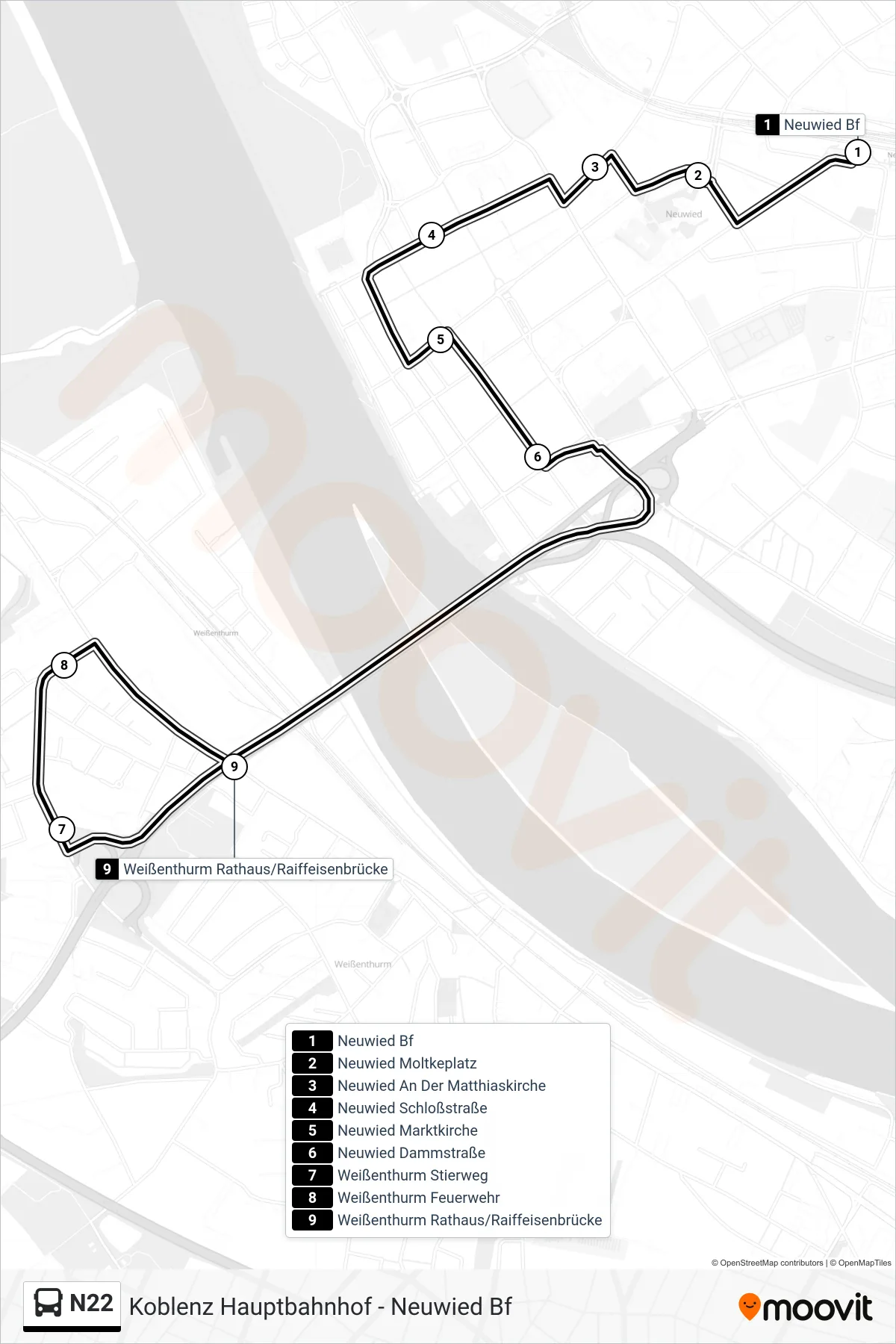 Linie N22 (Bus) Richtung Weißenthurm Rathaus/Raiffeisenbrücke: Route und Haltestellen auf der Karte