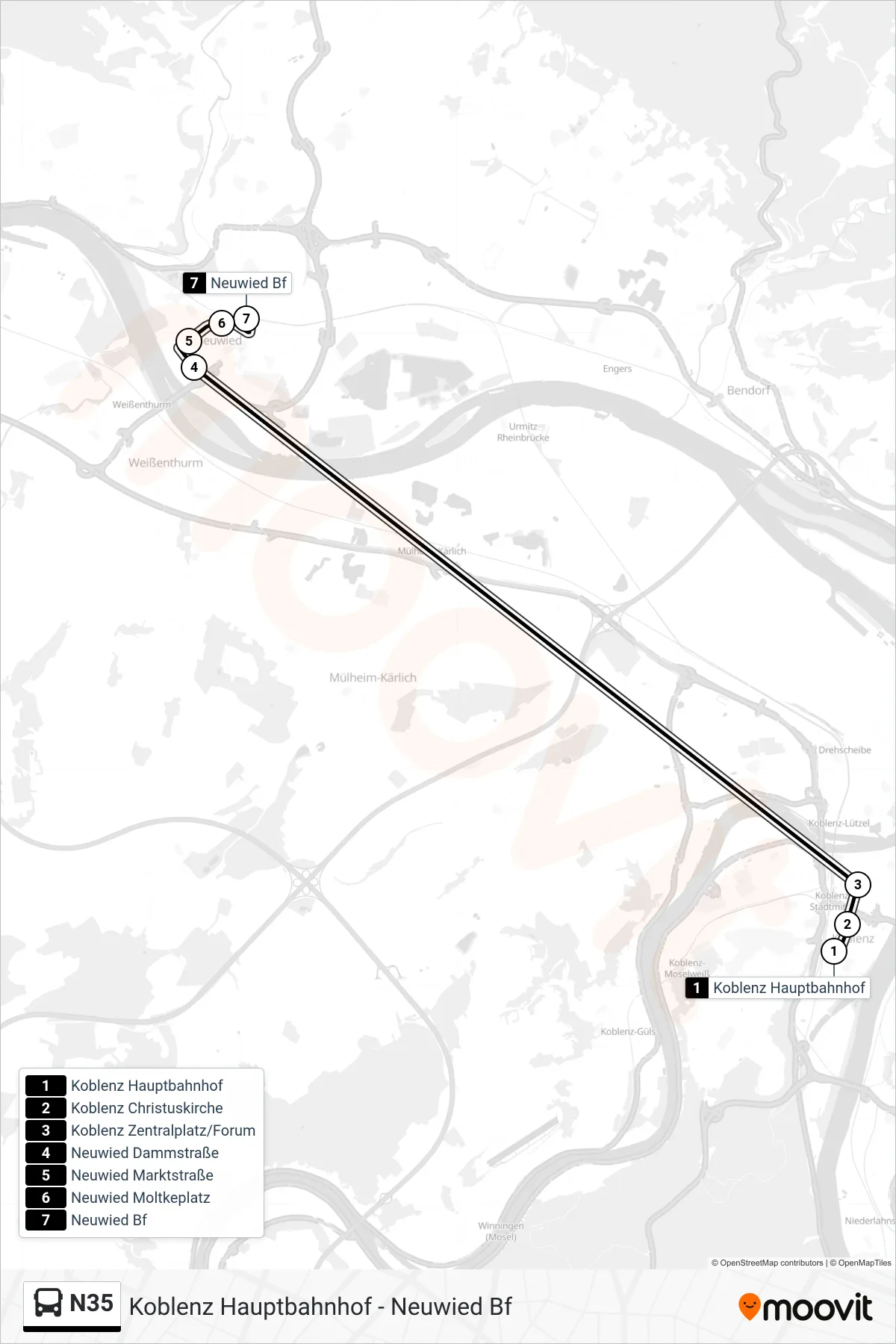 Linie N35 (Bus) Richtung Neuwied Bf: Route und Haltestellen auf der Karte