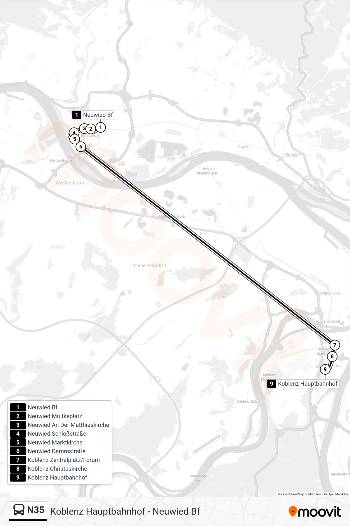 Linie N35 (Bus) Richtung Koblenz Hauptbahnhof: Route und Haltestellen auf der Karte