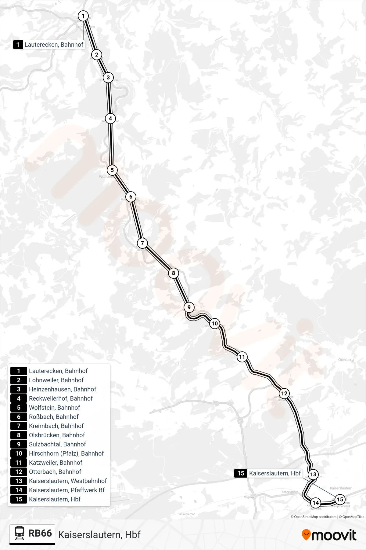 Linie RB66 (Bahn) Richtung Kaiserslautern, Hbf: Route und Haltestellen auf der Karte