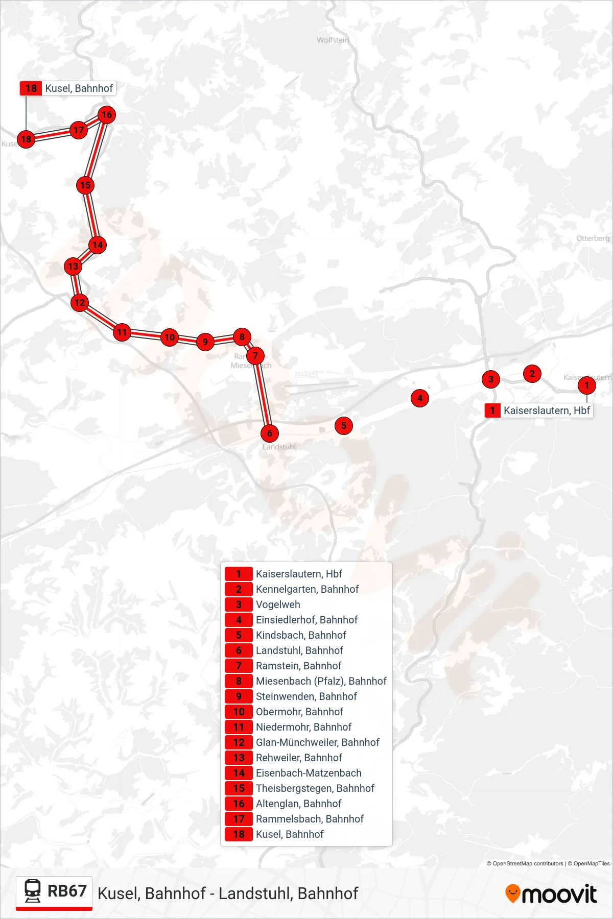RB67 train Line (Kusel, Bahnhof) route and stops on a map