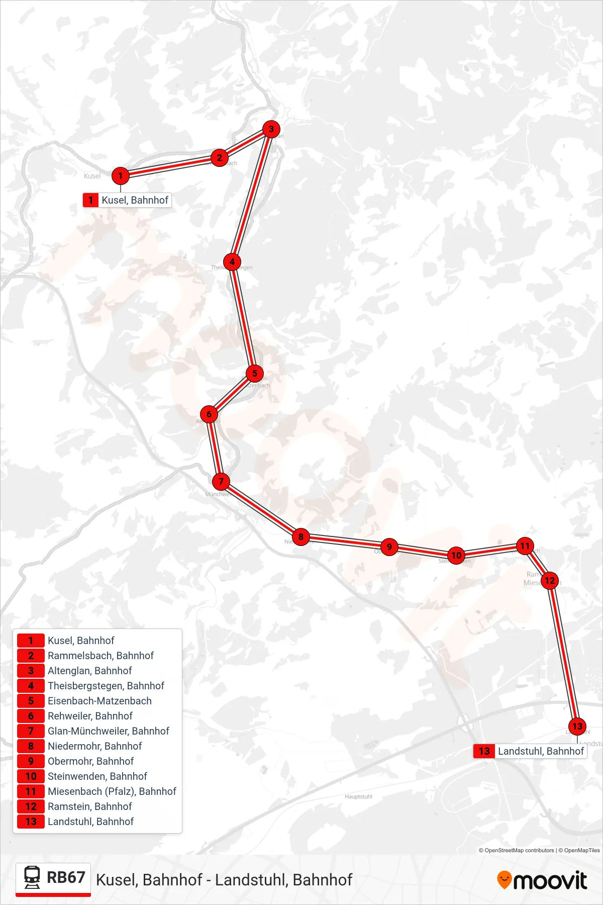 Linie RB67 (Bahn) Richtung Landstuhl, Bahnhof: Route und Haltestellen auf der Karte