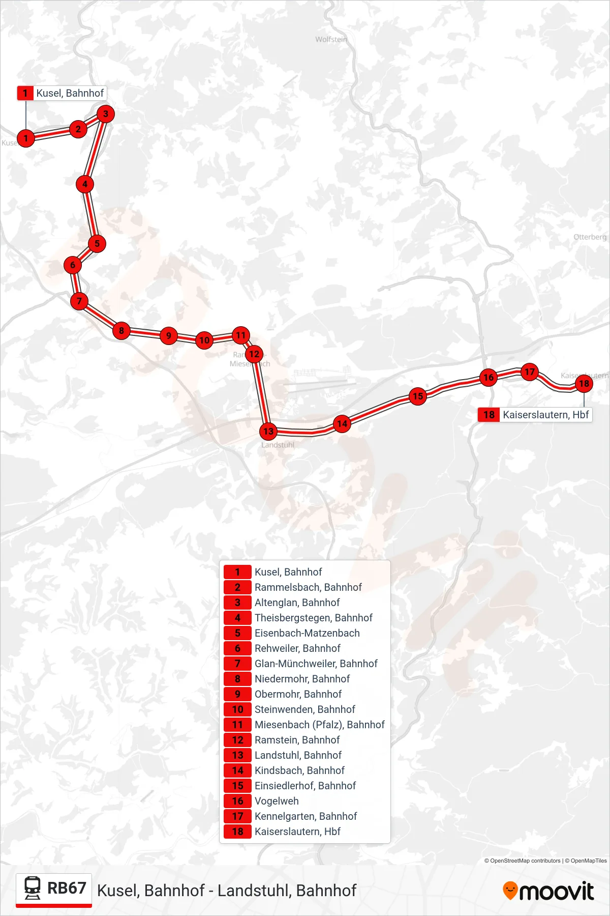 RB67 rail Line (Kaiserslautern, Hbf) route and stops on a map