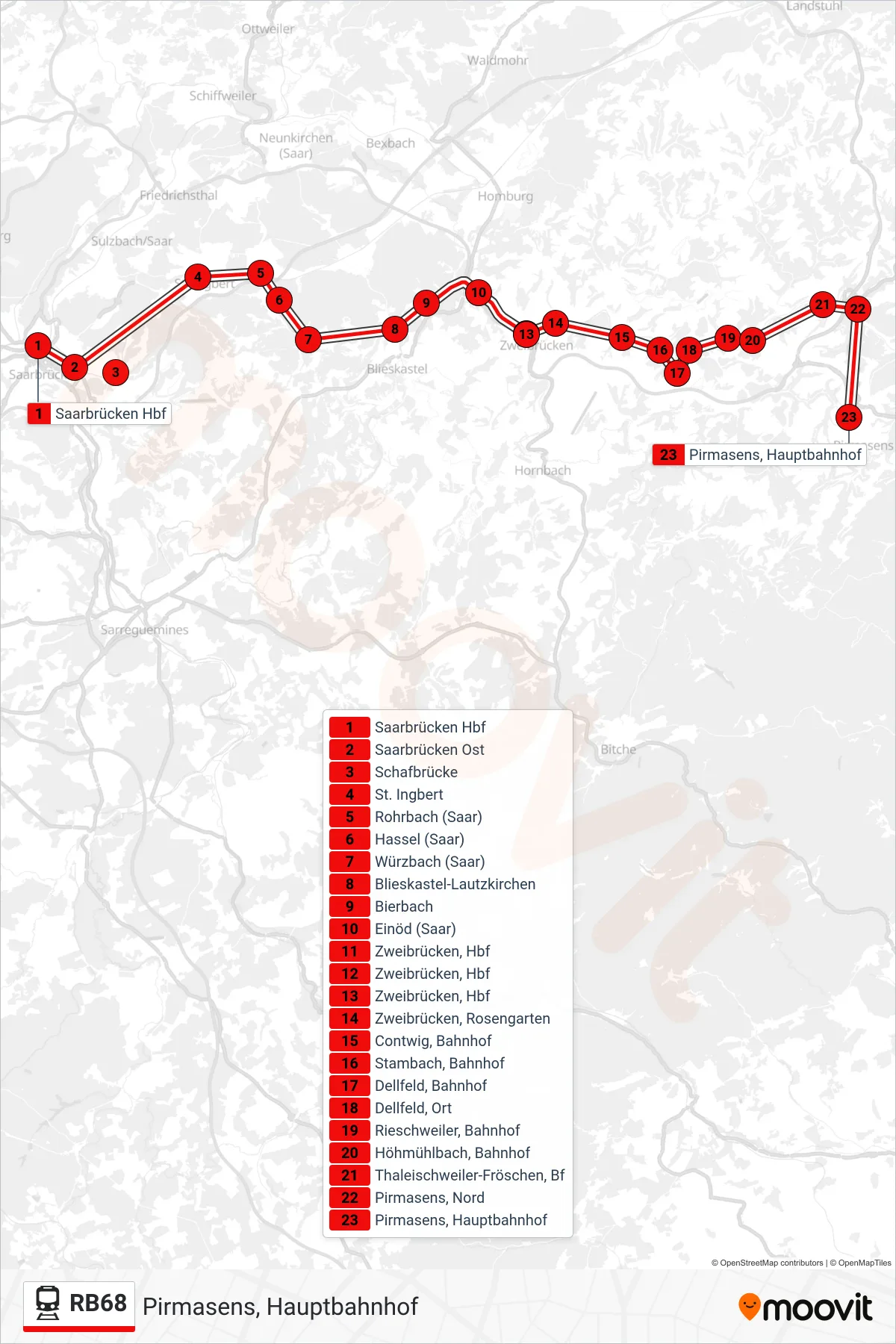 RB68 train Line (Pirmasens, Hauptbahnhof) route and stops on a map