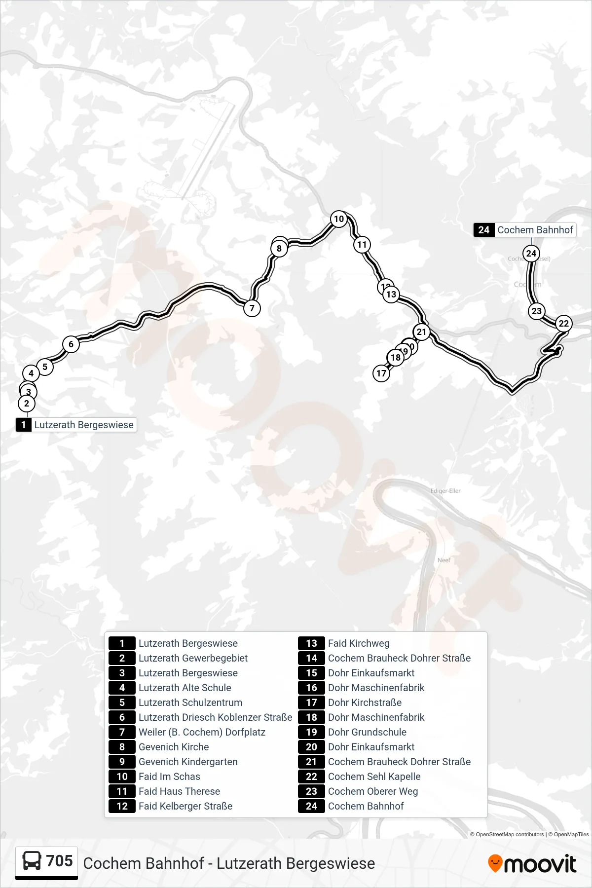 705 bus Line (Cochem Bahnhof) route and stops on a map