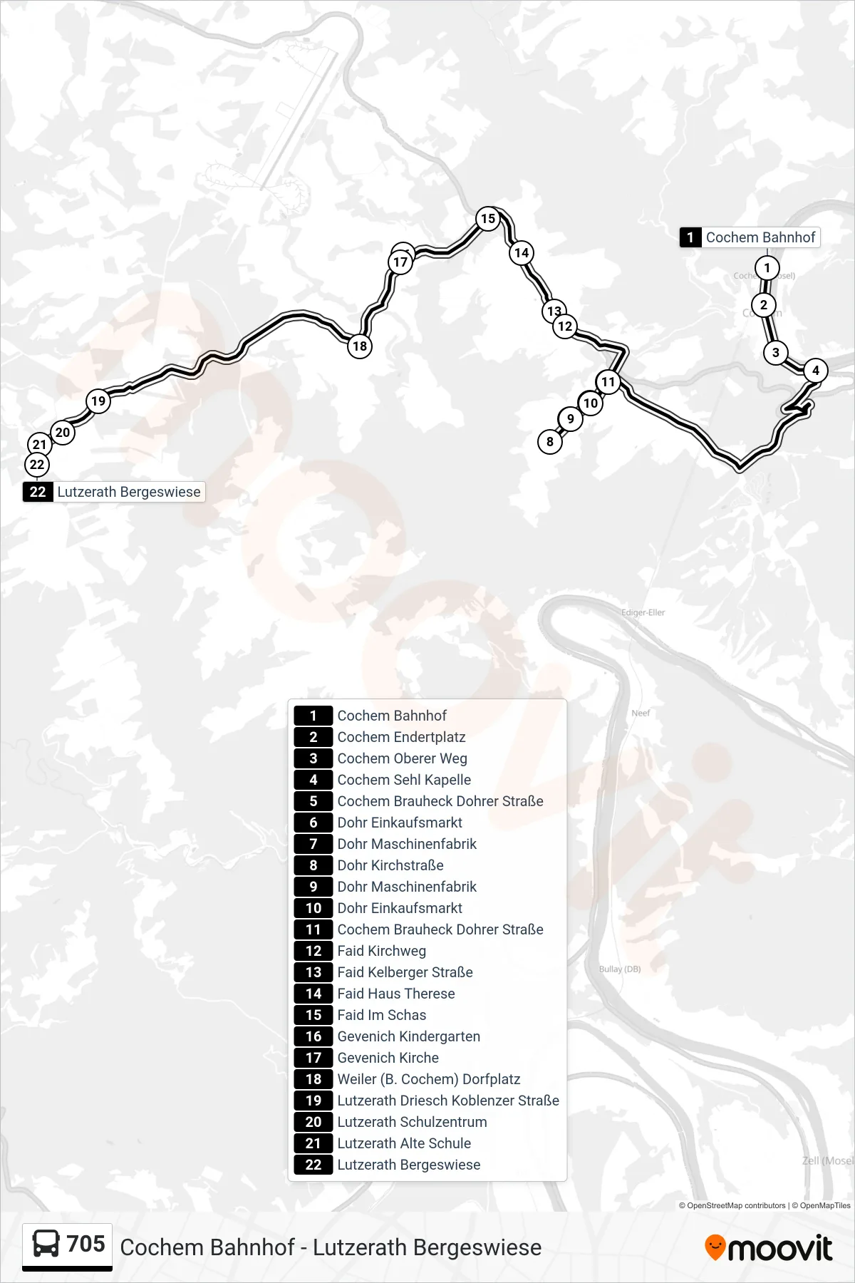 705 bus Line (Lutzerath Bergeswiese) route and stops on a map