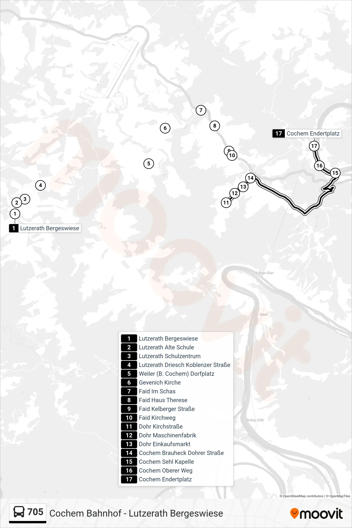 705 bus Line (Cochem Endertplatz) route and stops on a map