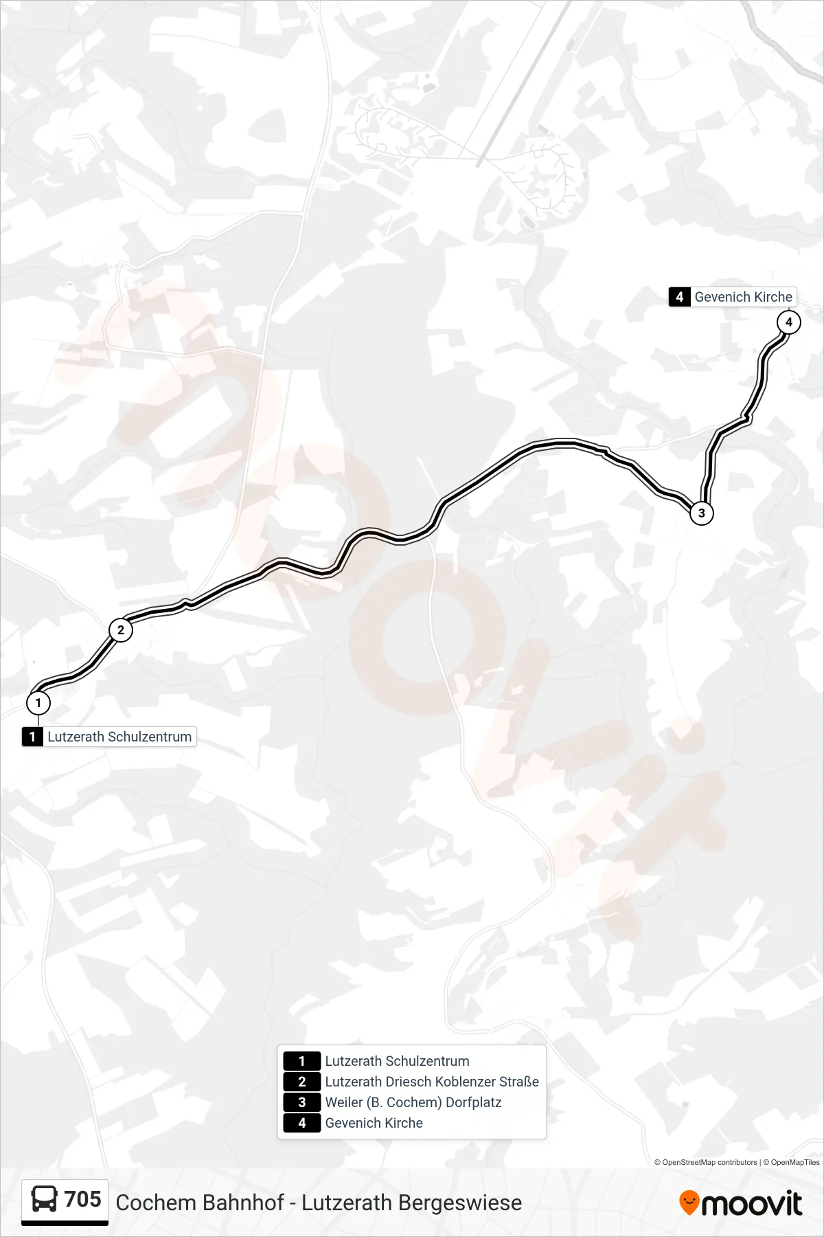705 bus Line (Gevenich Kirche) route and stops on a map