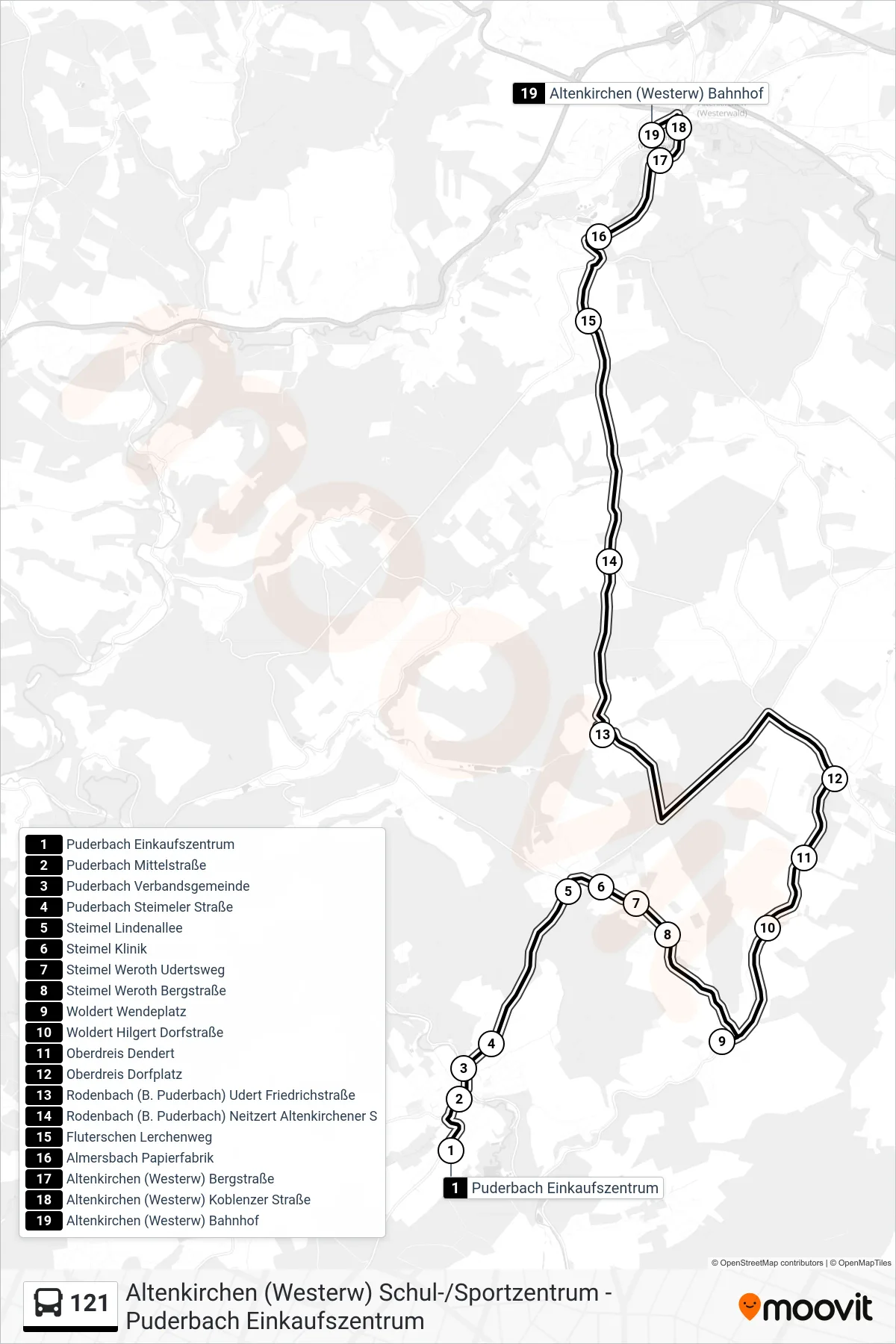 121 bus Line (Altenkirchen (Westerw) Bahnhof) route and stops on a map