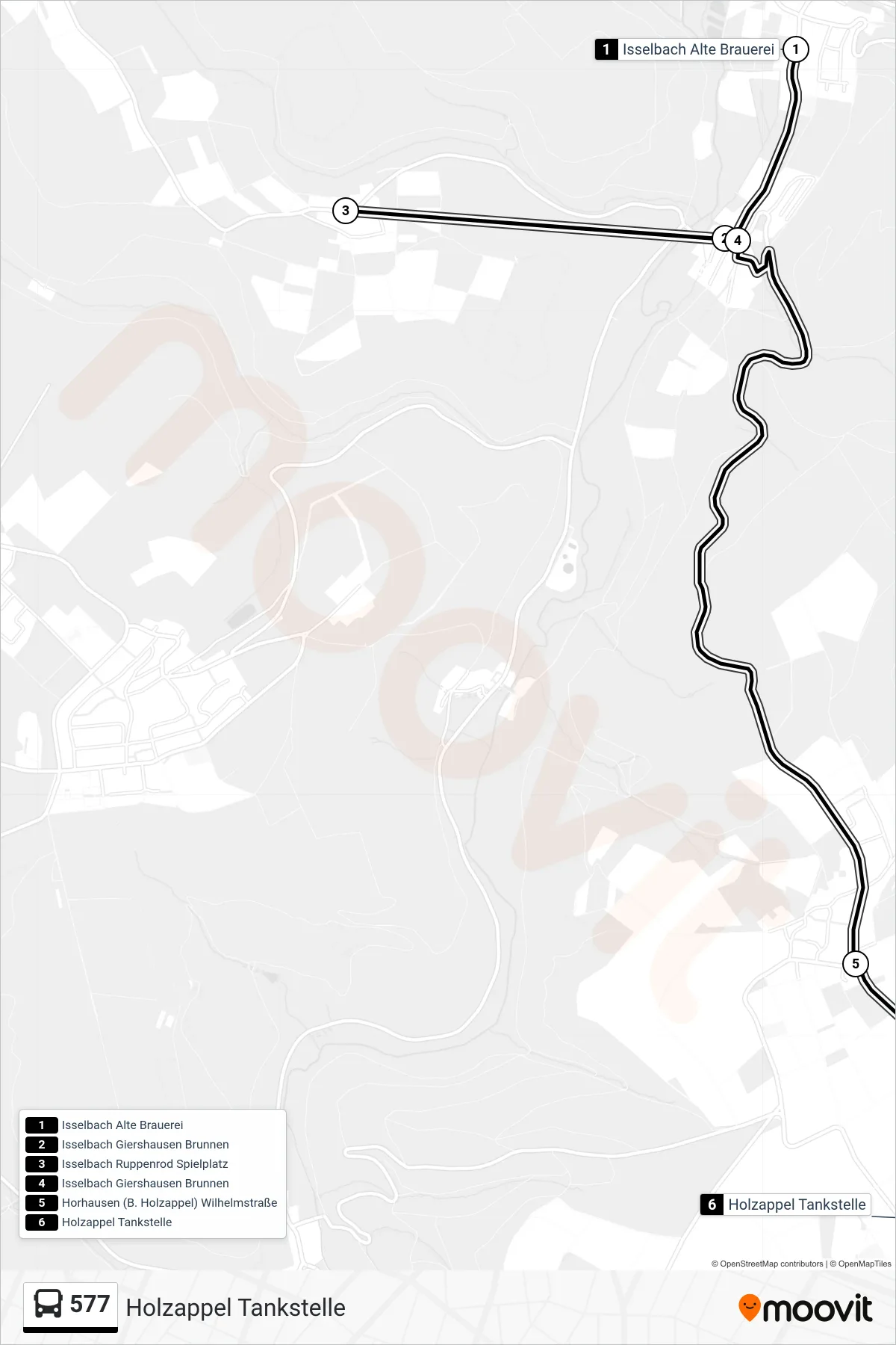 577 bus Line (Holzappel Tankstelle) route and stops on a map