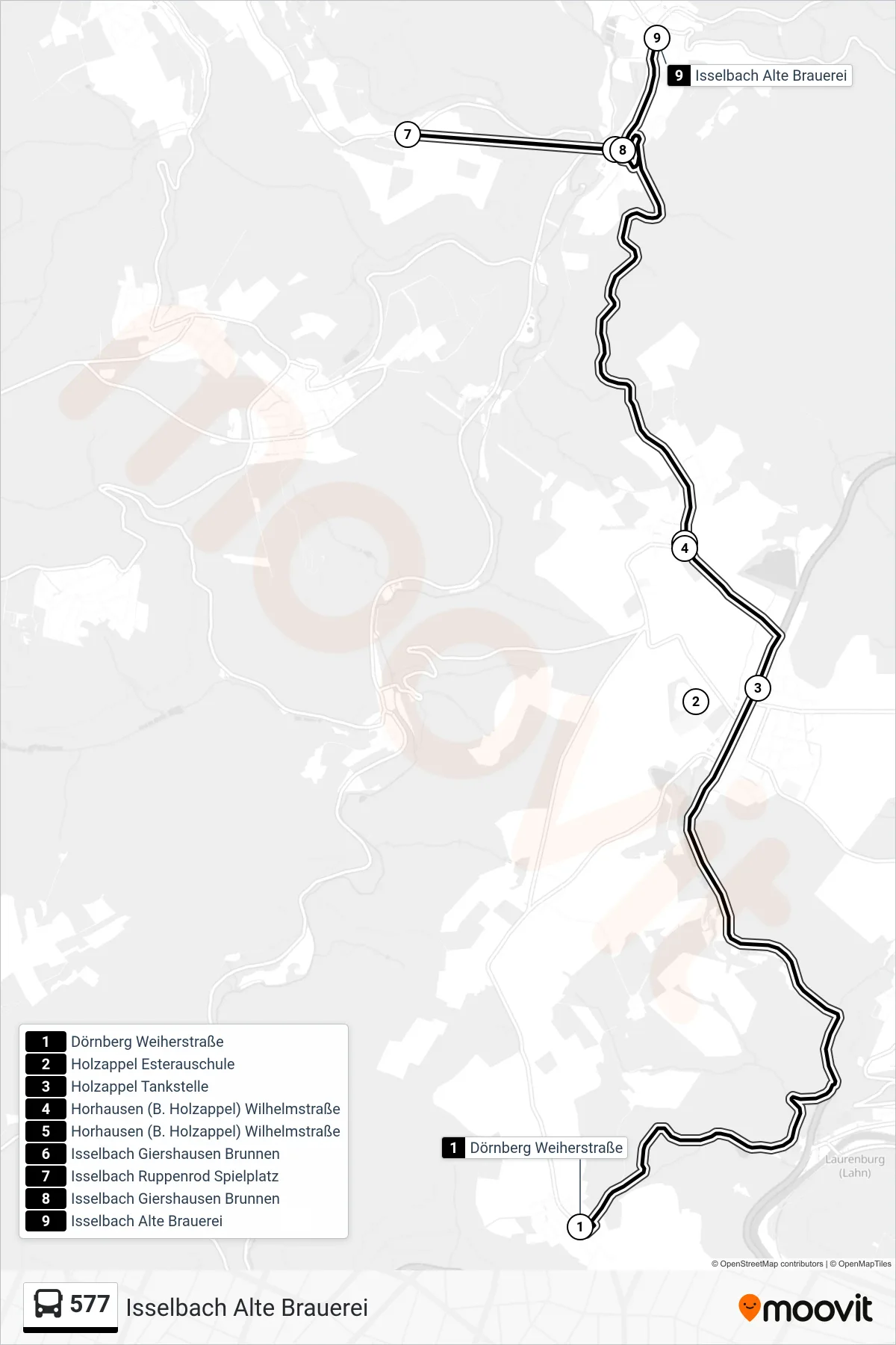Linie 577 (Bus) Richtung Isselbach Alte Brauerei: Route und Haltestellen auf der Karte