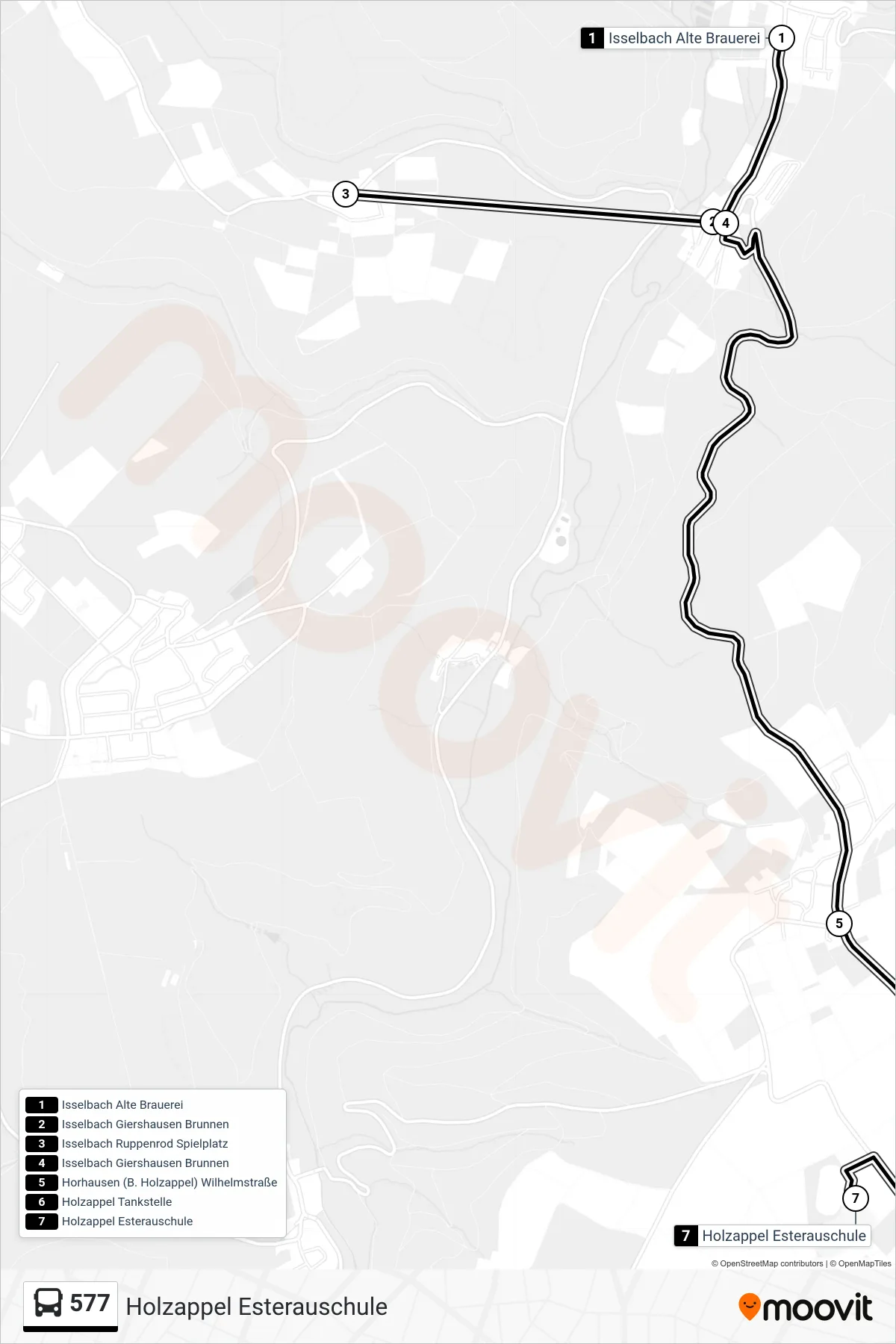 577 bus Line (Holzappel Esterauschule) route and stops on a map