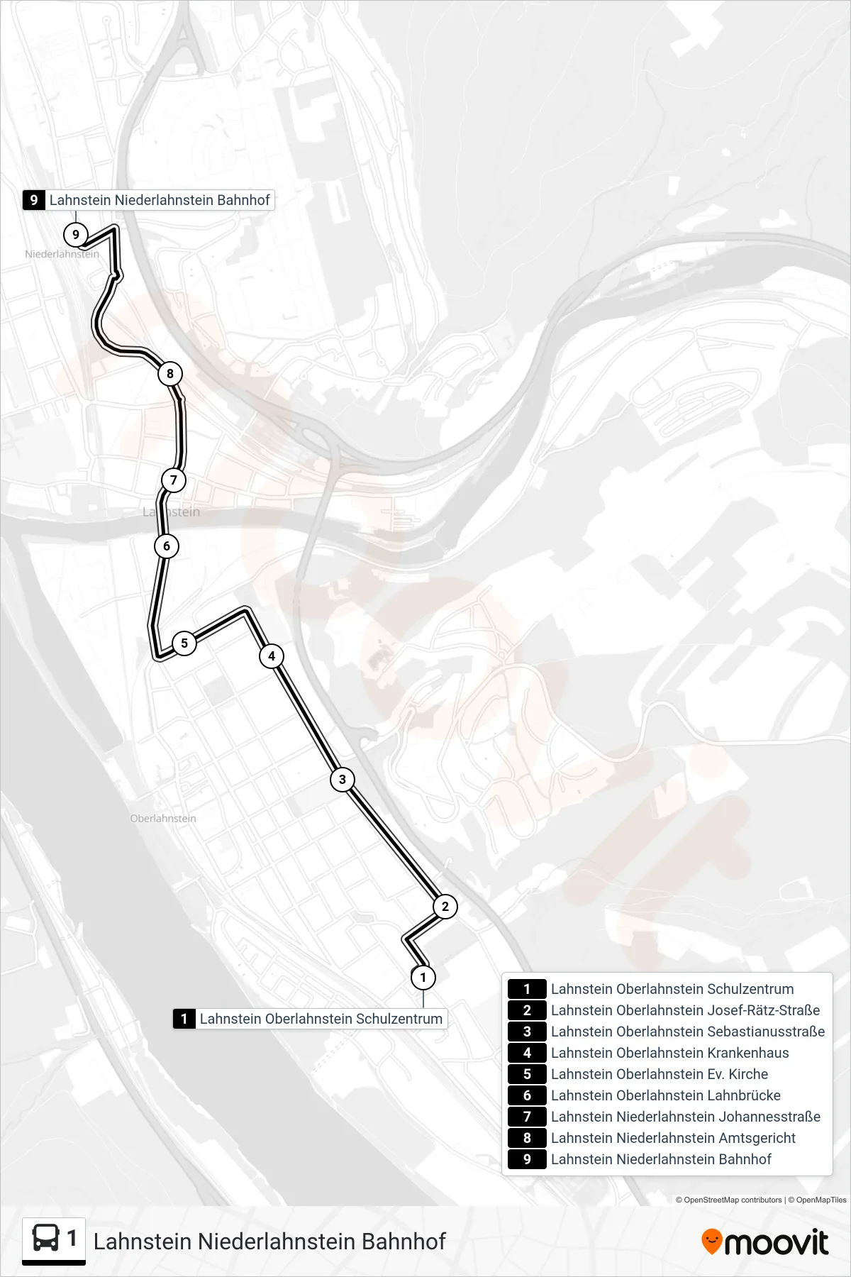 1 bus Line (Lahnstein Niederlahnstein Bahnhof) route and stops on a map