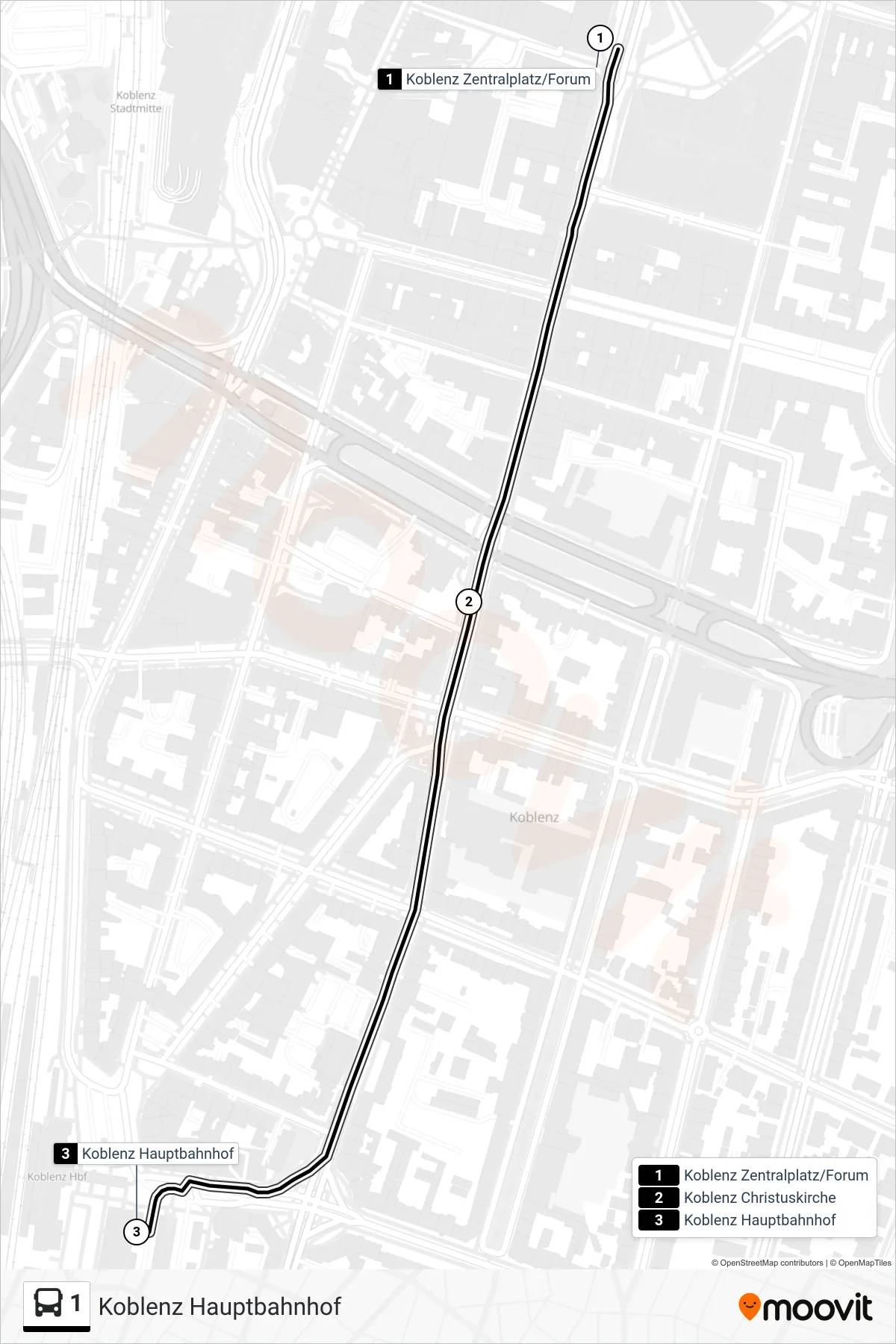 Linie 1 (Bus) Richtung Koblenz Hauptbahnhof: Route und Haltestellen auf der Karte