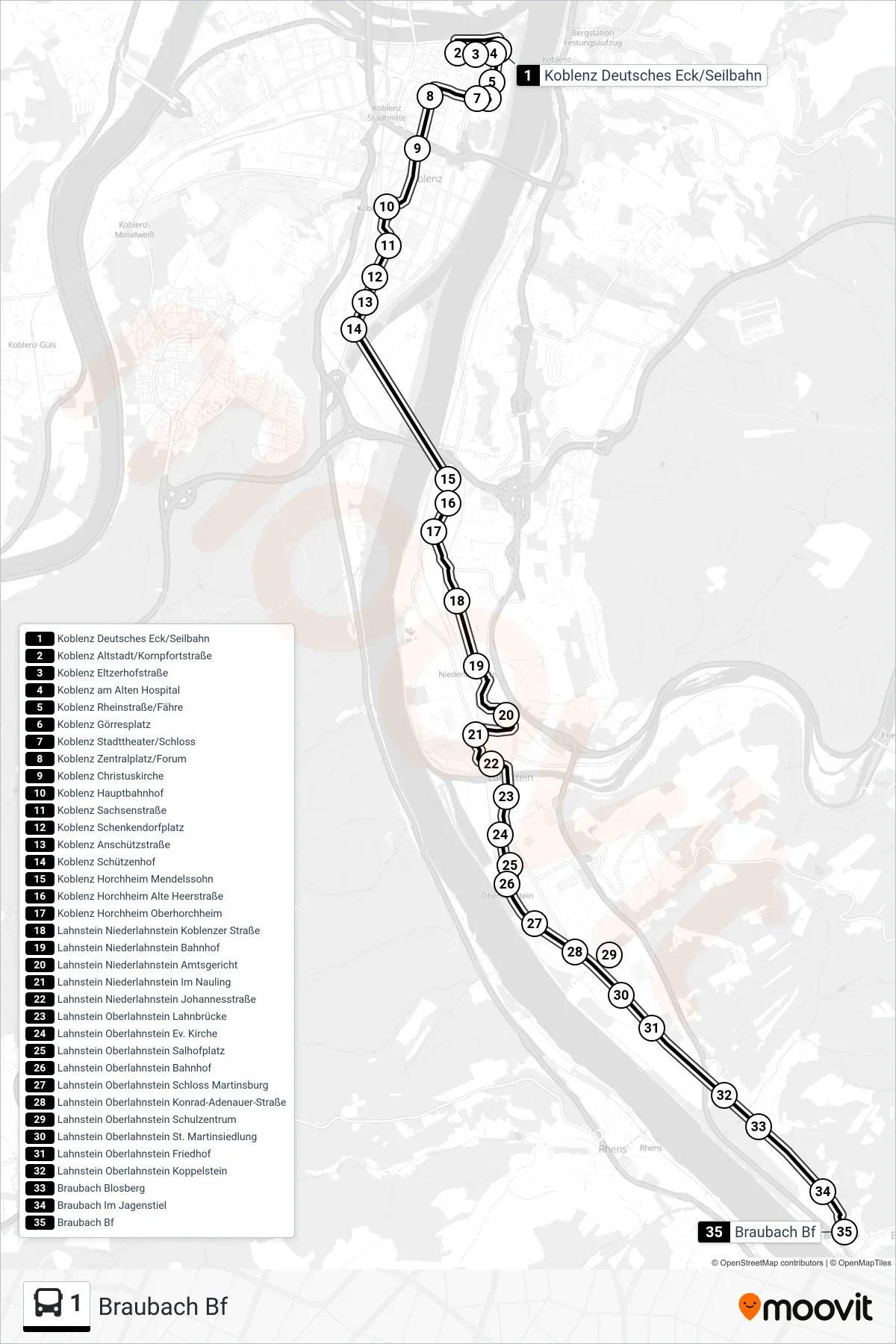 1 bus Line (Braubach Bf) route and stops on a map