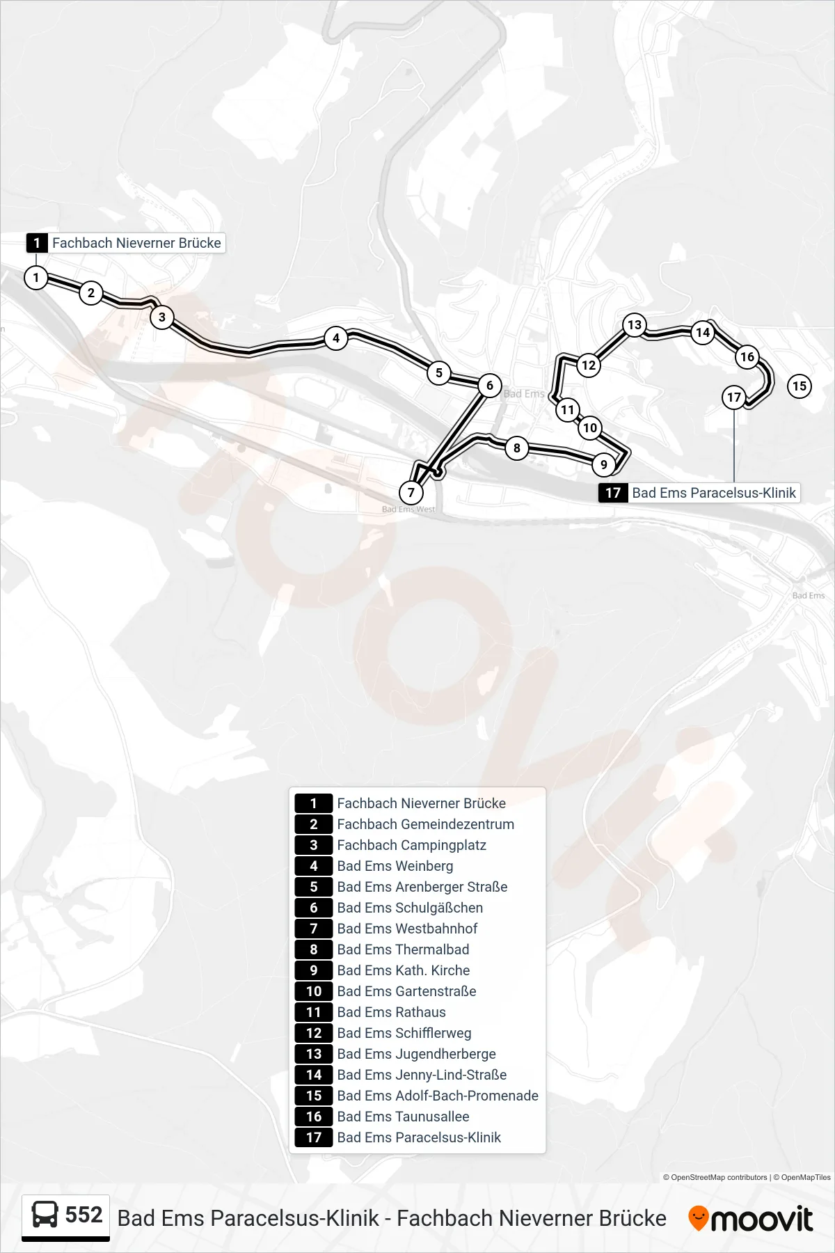 552 bus Line (Bad Ems Paracelsus-Klinik) route and stops on a map