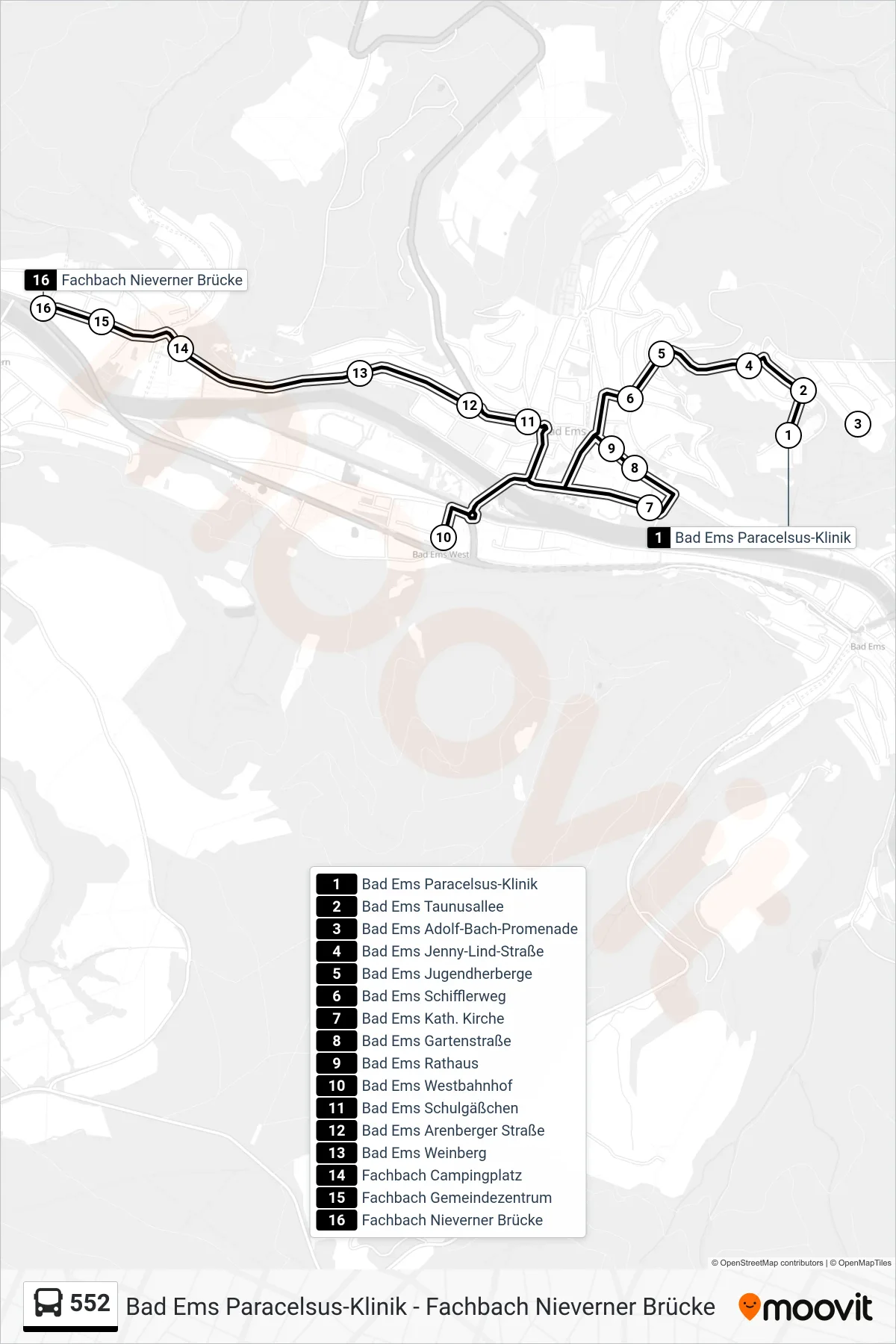 Linie 552 (Bus) Richtung Fachbach Nieverner Brücke: Route und Haltestellen auf der Karte