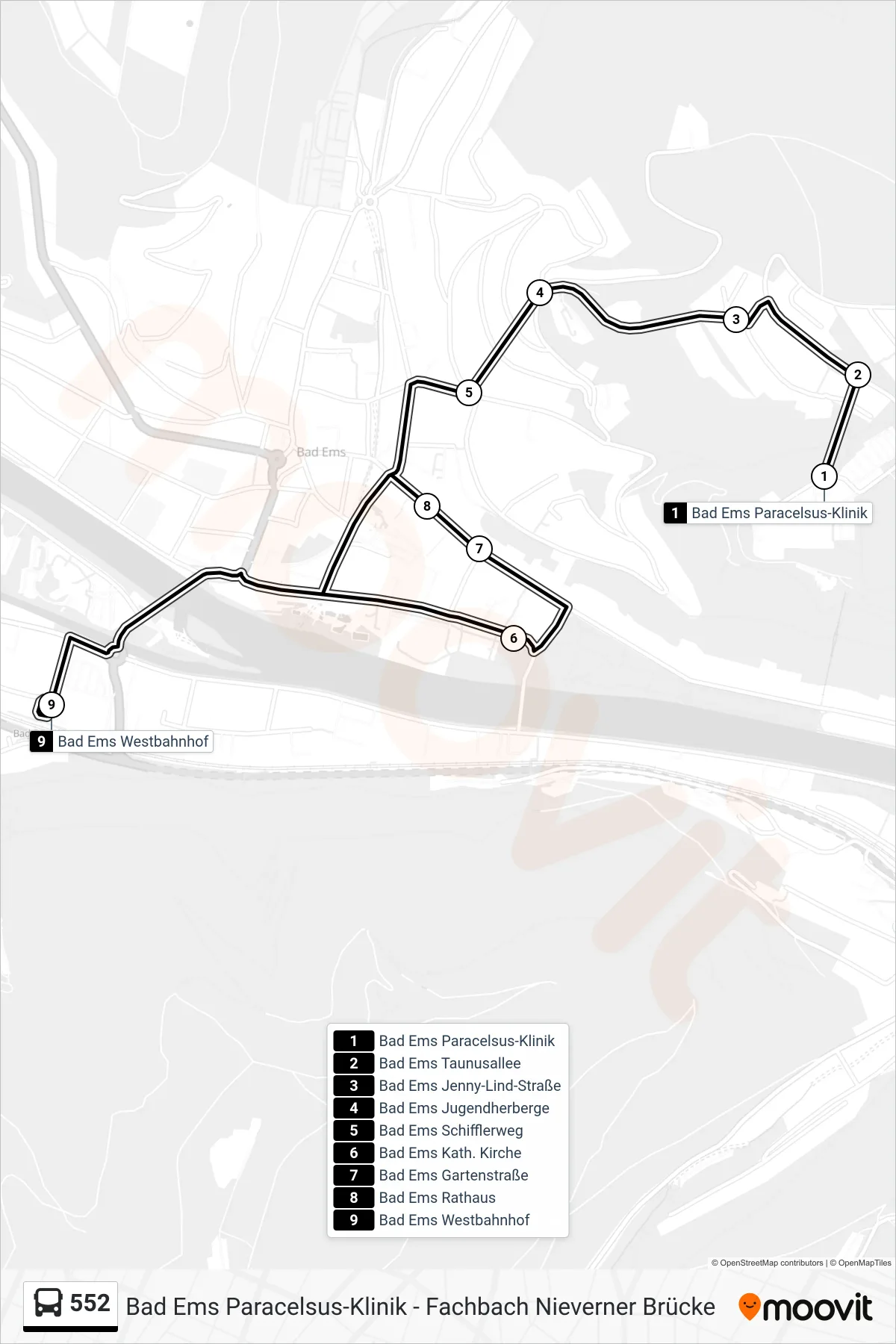 552 bus Line (Bad Ems Westbahnhof) route and stops on a map