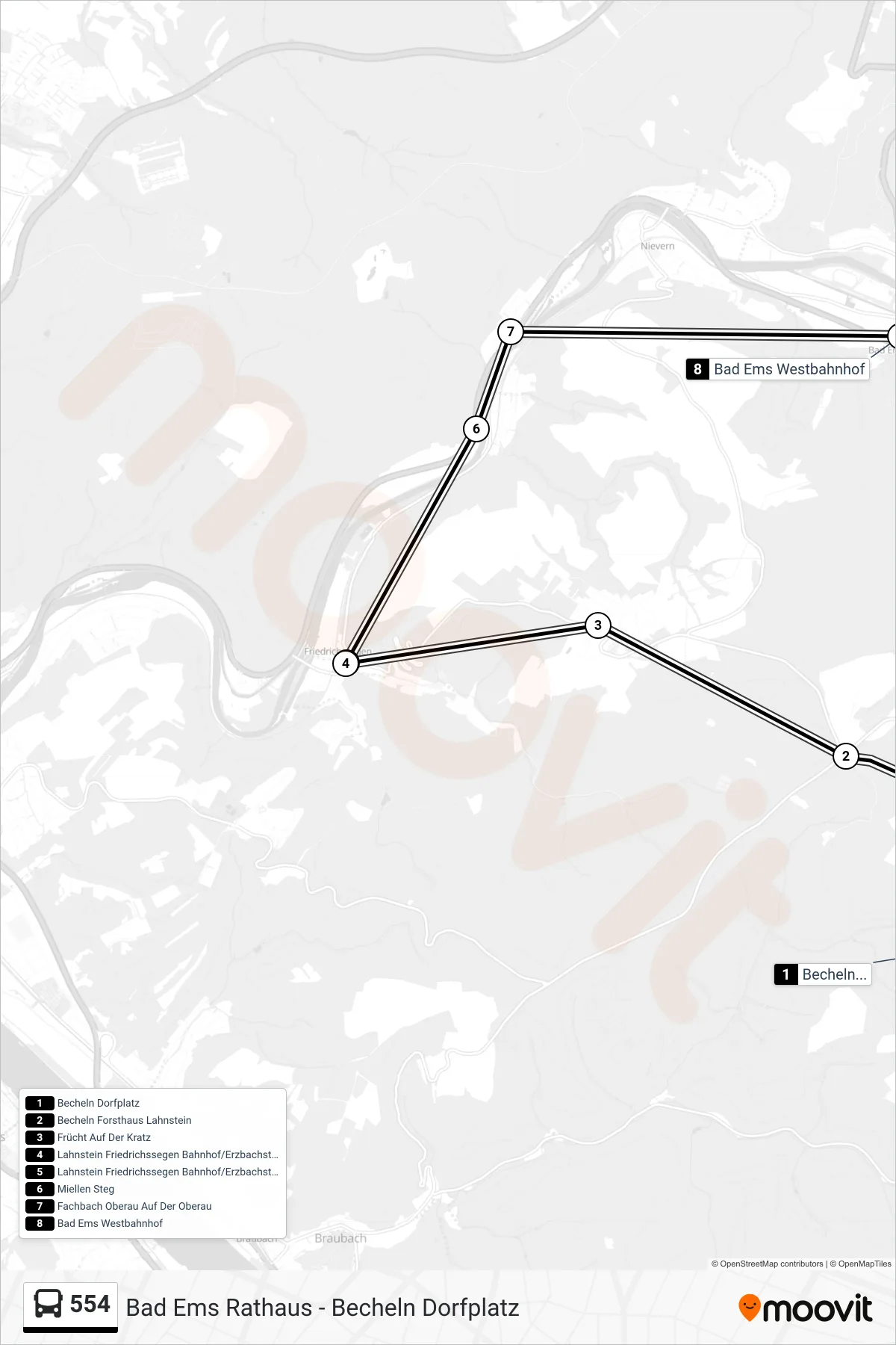 554 bus Line (Bad Ems Westbahnhof) route and stops on a map