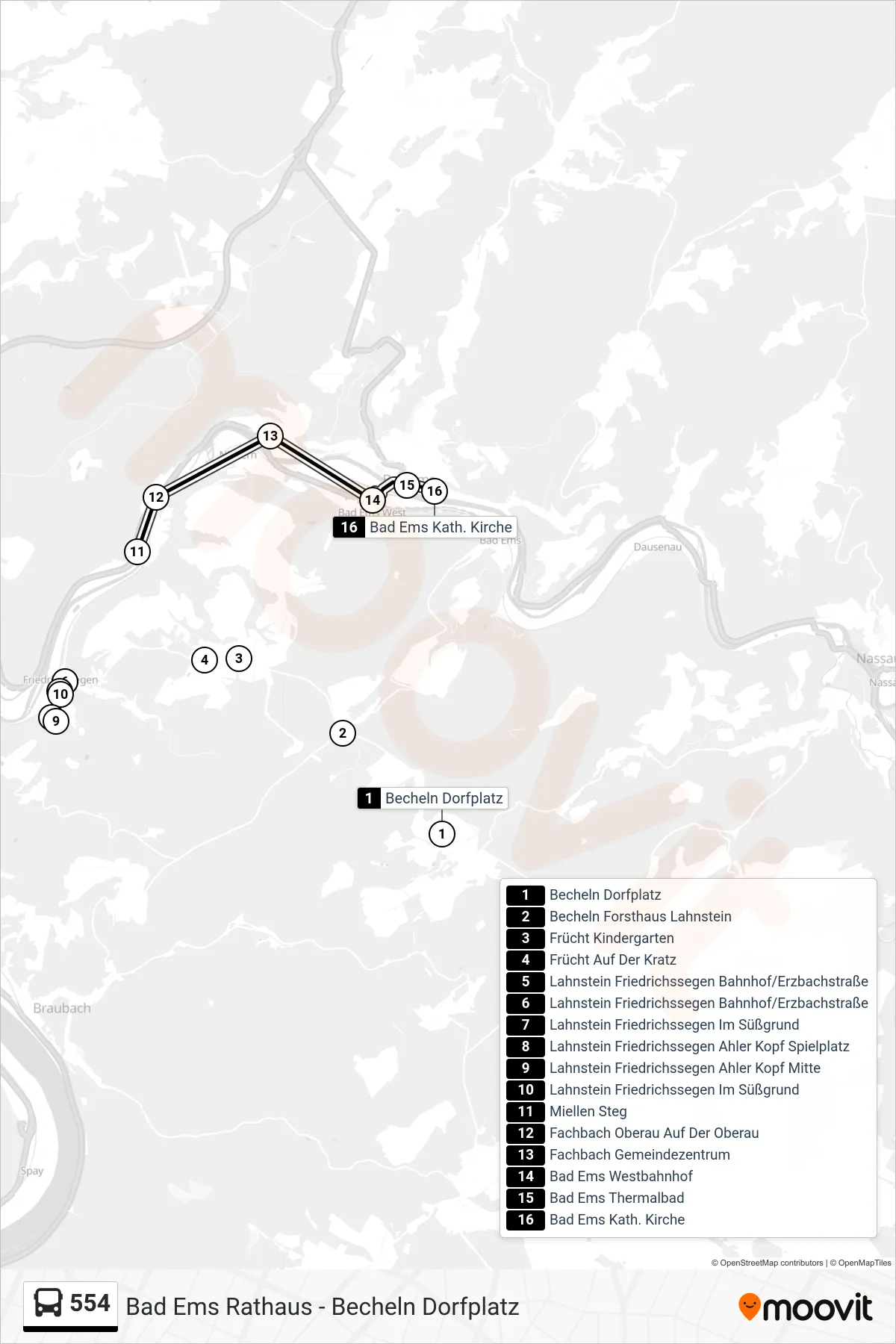 554 bus Line (Bad Ems Kath. Kirche) route and stops on a map