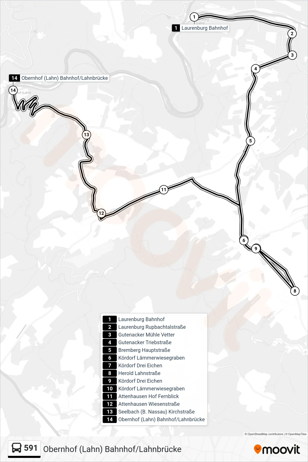 Linie 591 (Bus) Richtung Obernhof (Lahn) Bahnhof/Lahnbrücke: Route und Haltestellen auf der Karte
